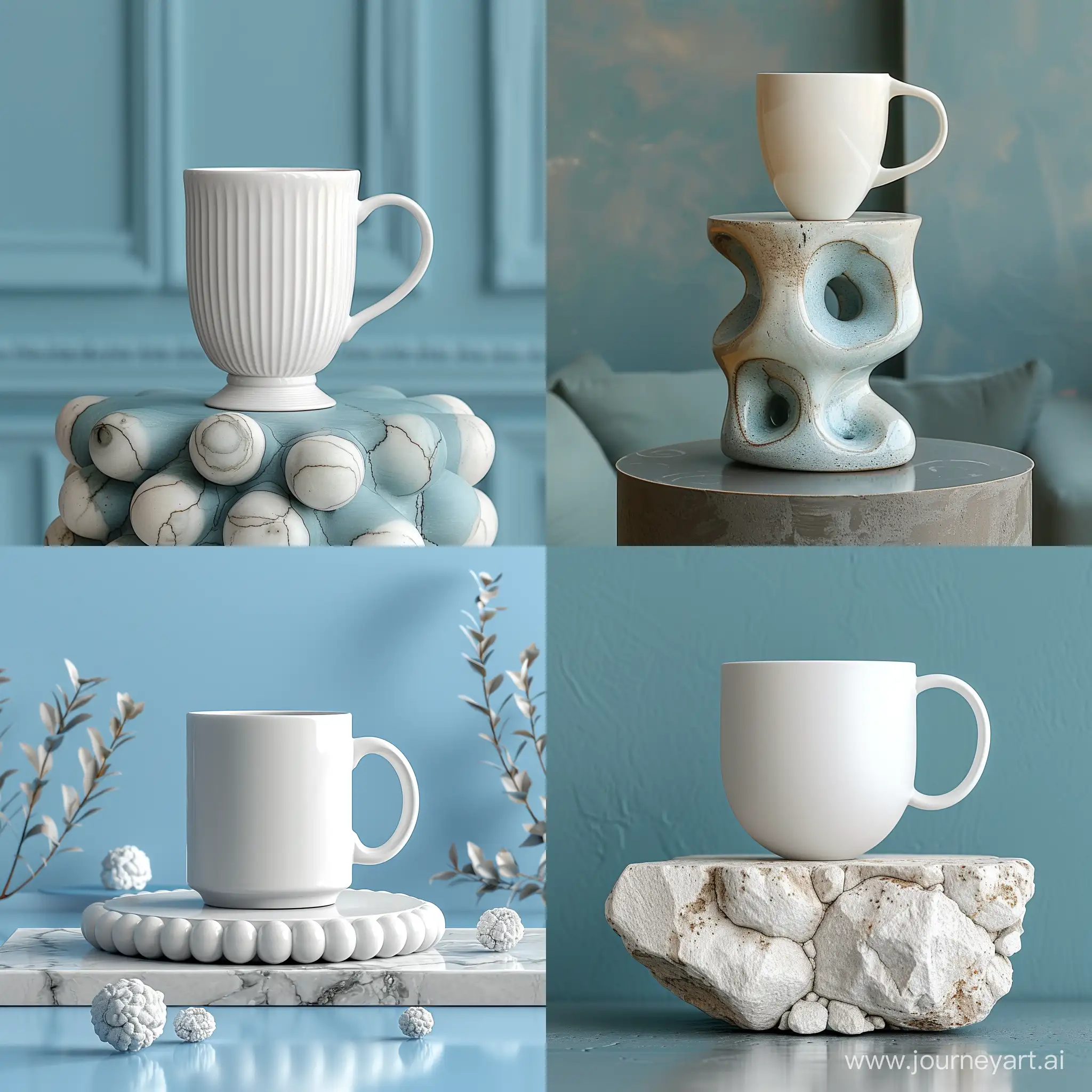 A white mug mockup on top of a minimalist sculpture, soft blue color, still life --s 1000
