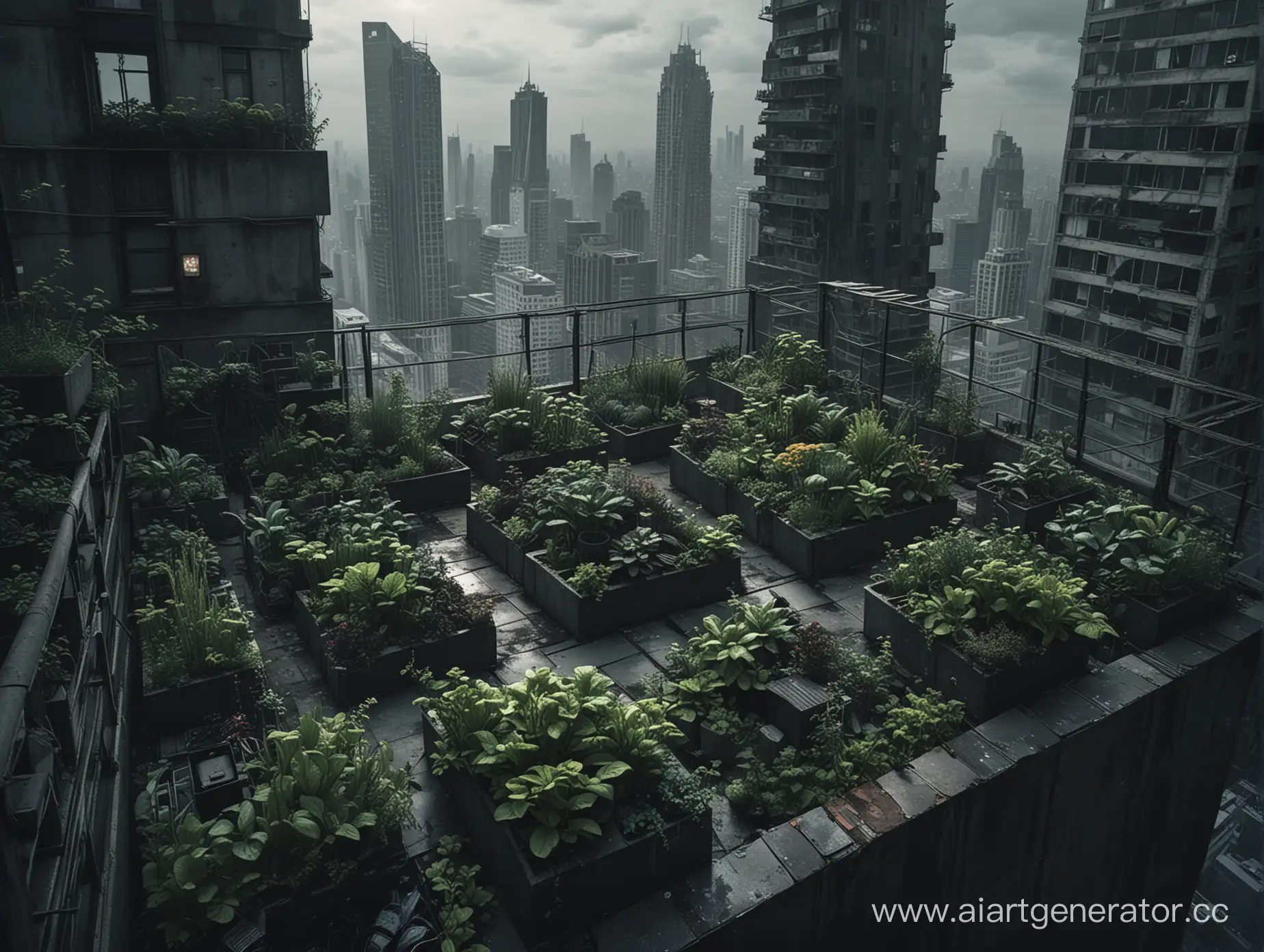 Небольшой огород на крыше небоскреба, в темных тонах, в стиле постапокалиптики.