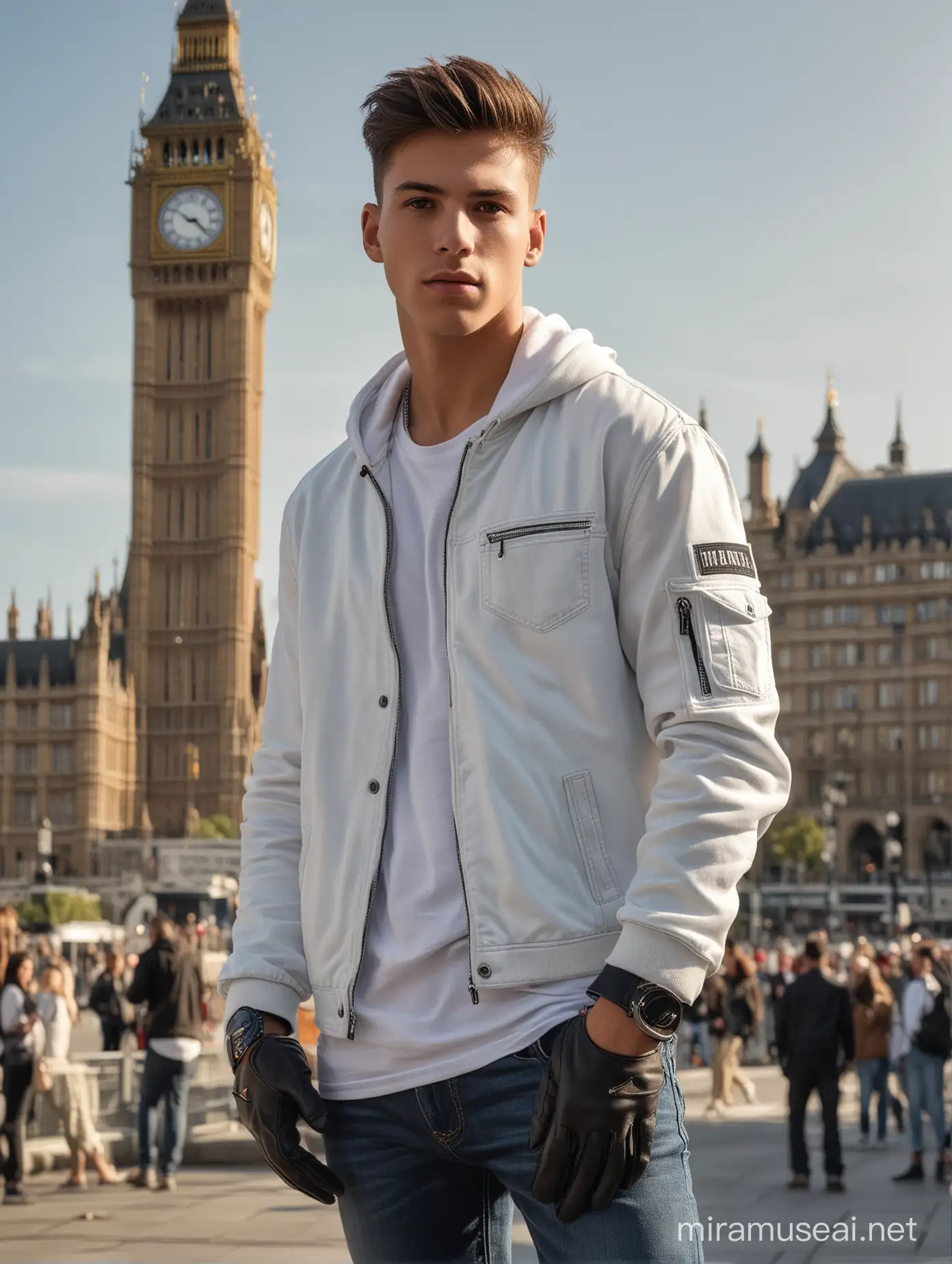 Handsome man,18 years old, clean face, underslipback hair, white t-shirt, jeans jacket, gloves, black jeans, Nike Jordan shoes. Standing in front of the bigben at morning, 800mm lens, realistic, hyperrealistic, photography, professional photography, immersive photography, ultra HD, very high quality, best quality, medium quality, HDR photo, focus photo, deep focus, very detailed, original photo , original photo, very sharp, nature photo, masterpiece, award winning, taken with hasselblad x2d