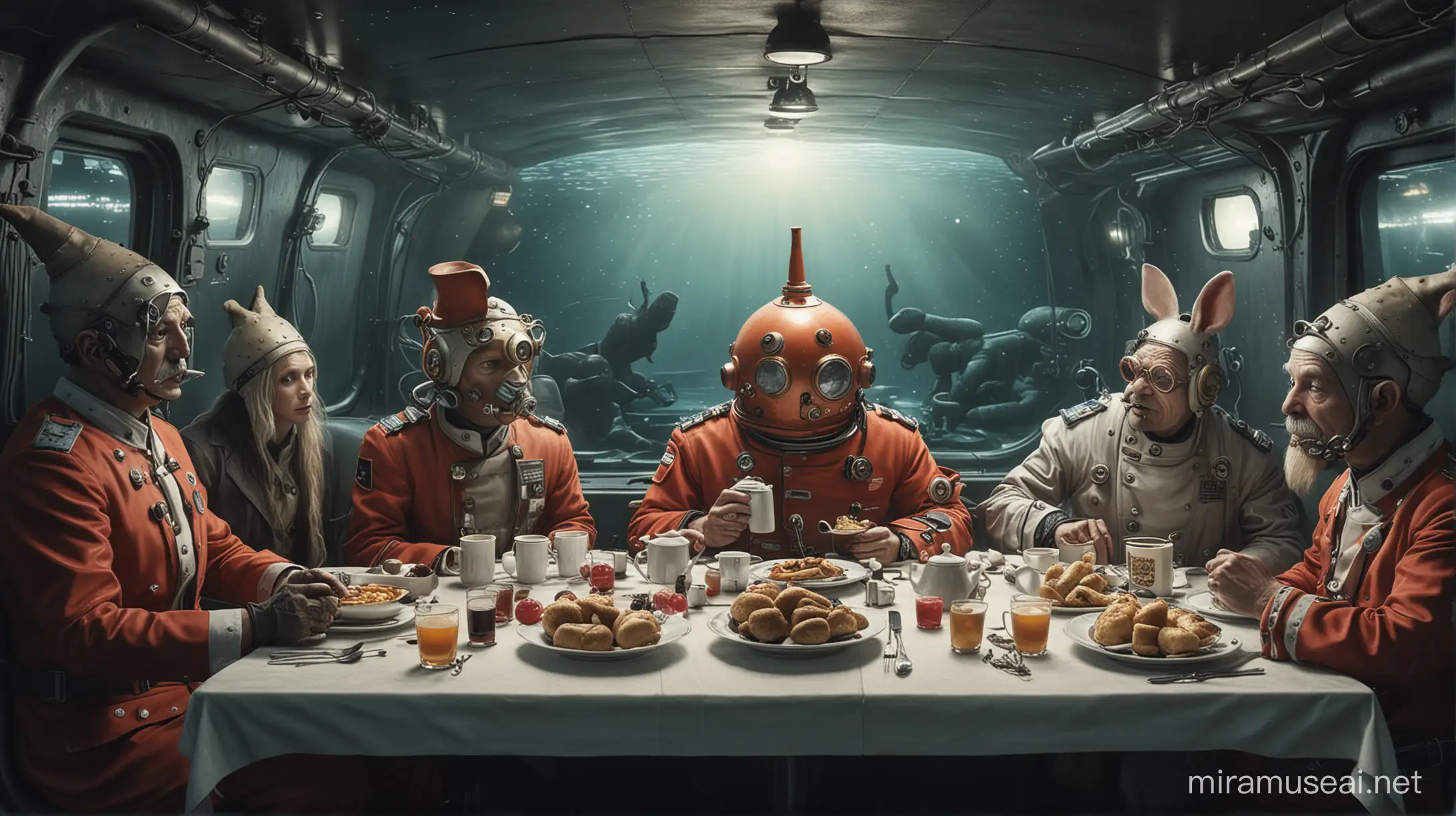 painting of surreal and dynamically bizzare image: Four bizarre tea party in the Secret Sonderland Fireman’s Supper Club Submarine, surreal moonage daydream, by Tim Flach and Eugene Atget, --ar 4:5, surreal, surrealism, accidental renaissance, concept by stanley krubick dr strangelovenstyle and sargey kolesov and ruan jia and heng z hyper detailed, octane render