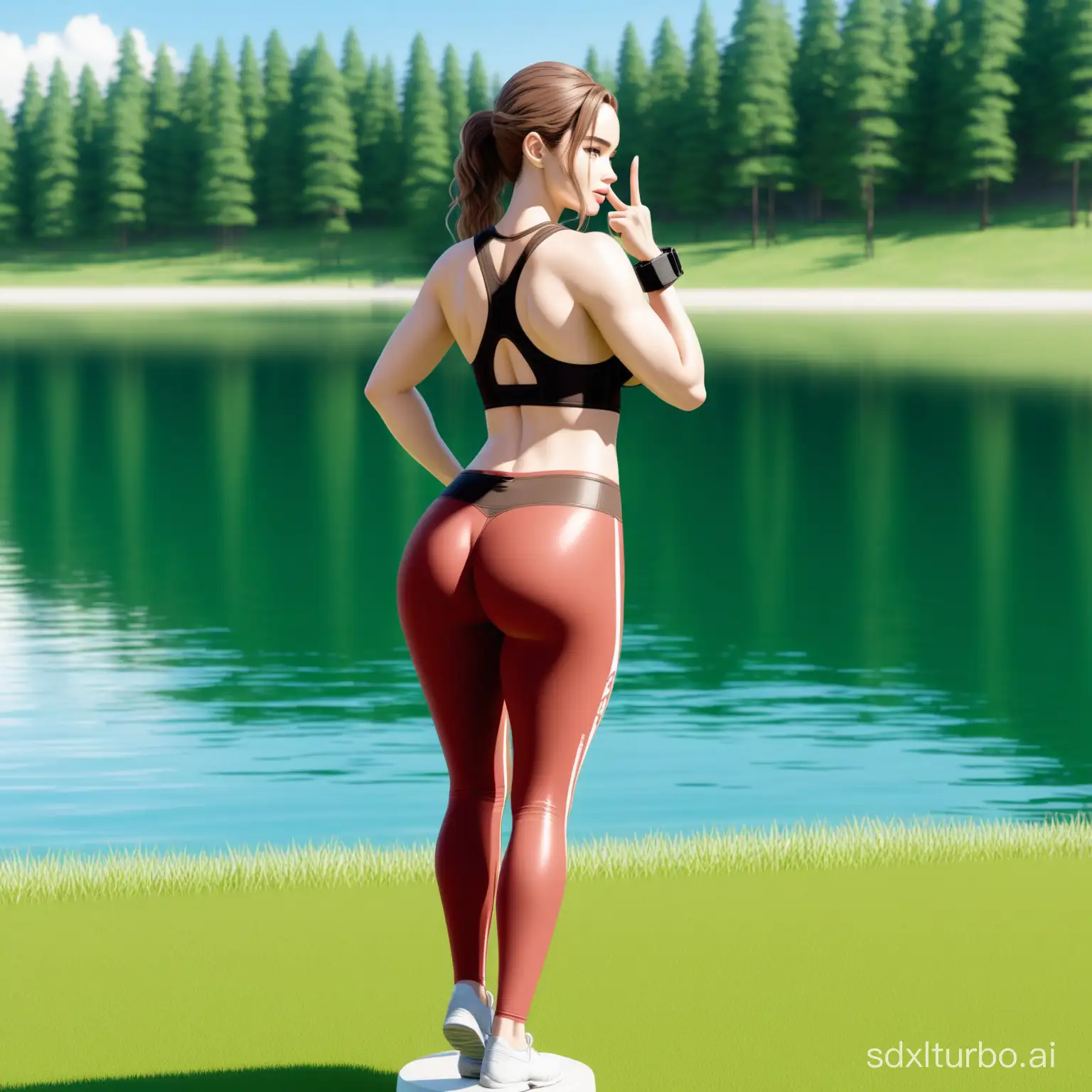 Busty gyaru Emilia Clarke as Lara Croft,V,underboob body suit for aerobics,rear view from behind,bright make up,doing aerobics on the shore of a lake,green lawn around,fitness equipment,sunny day,sky reflected in the lake,style raw,3d isekai style,real photograph,cowboy shot.