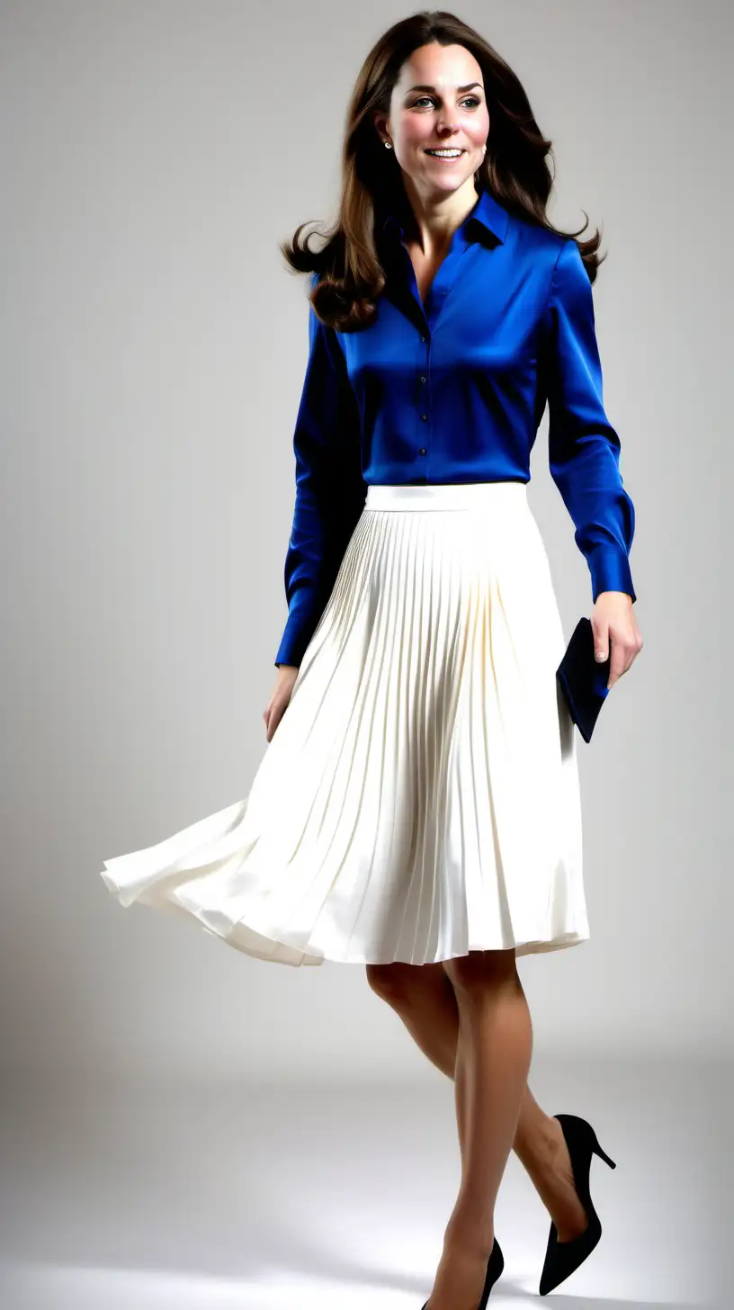 Young adult Kate Middleton long dark brown hair, long sleeved royal blue stretch silky satin shirt blouse and white pleated skirt and black pumps, in very brightly white background