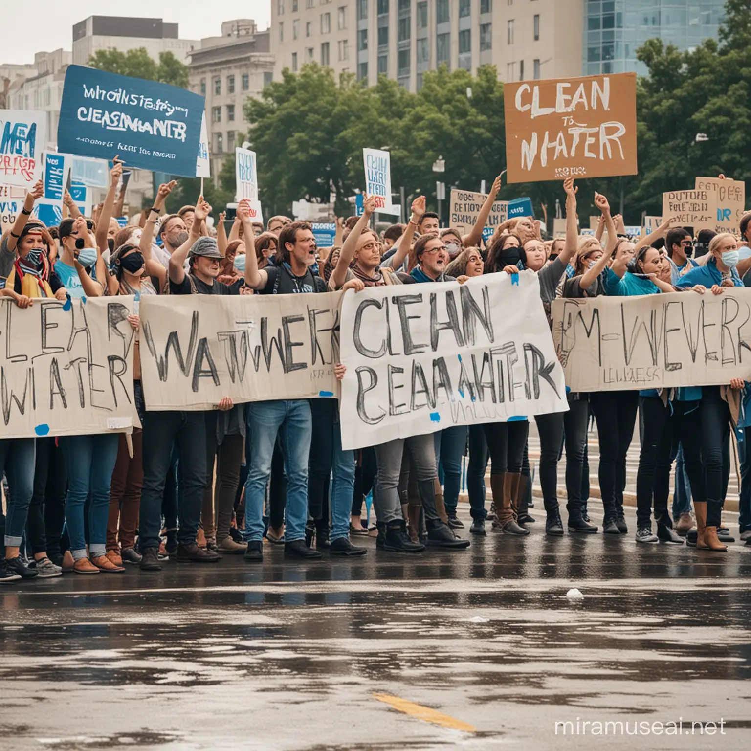 people protesting with signs saying clean water