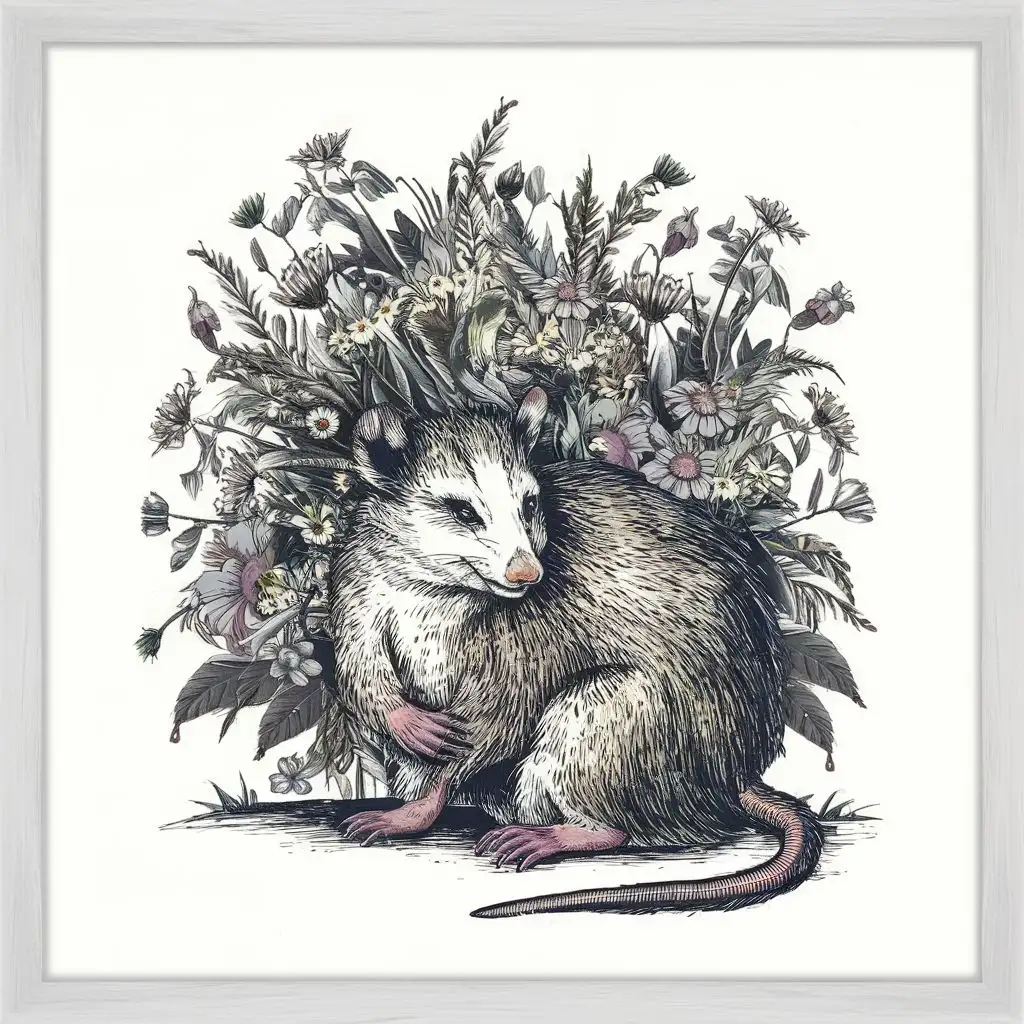 Folk Art Illustration of a Possum Surrounded by Wildflowers on White Background