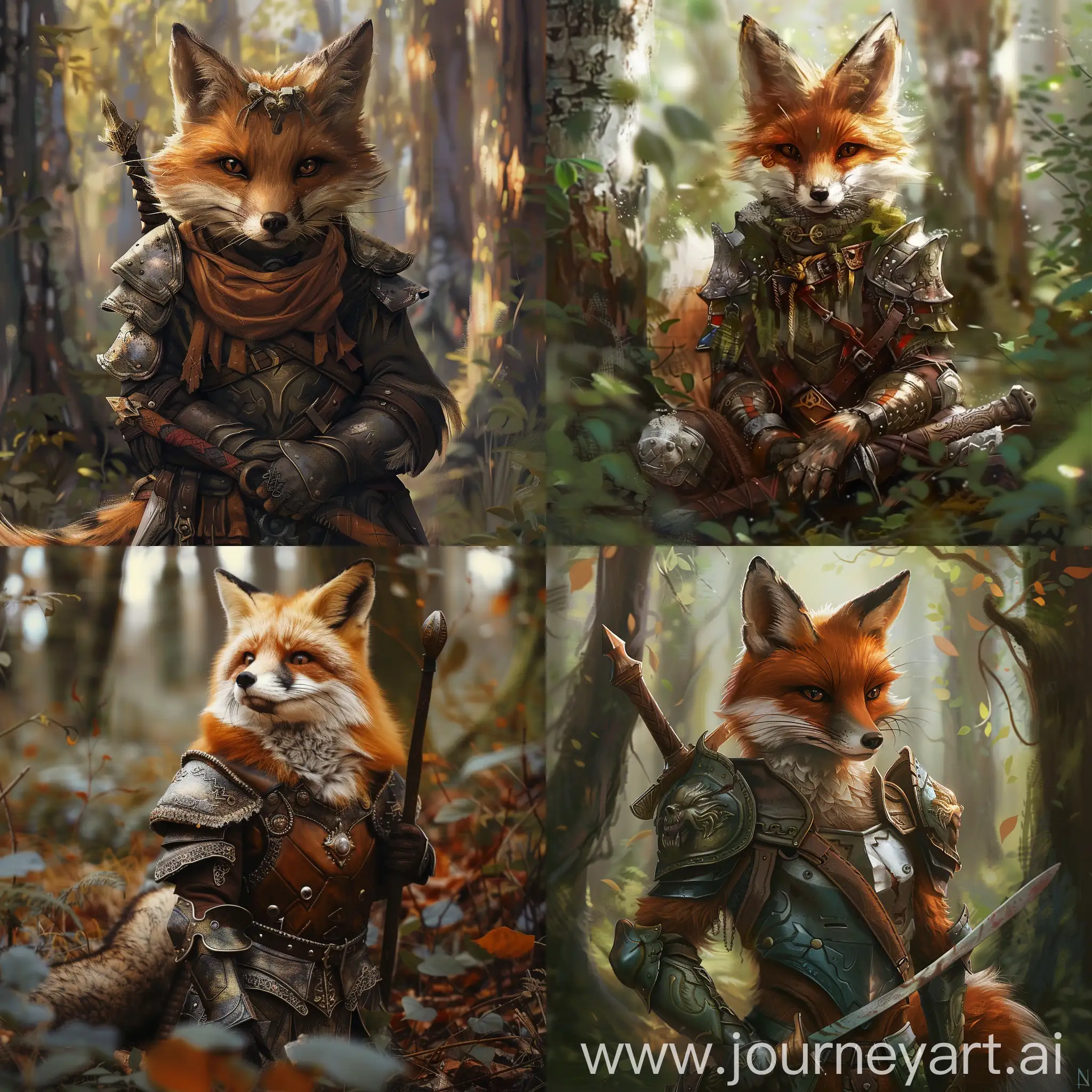 cute fox fantasy warrior with armor in the forest
