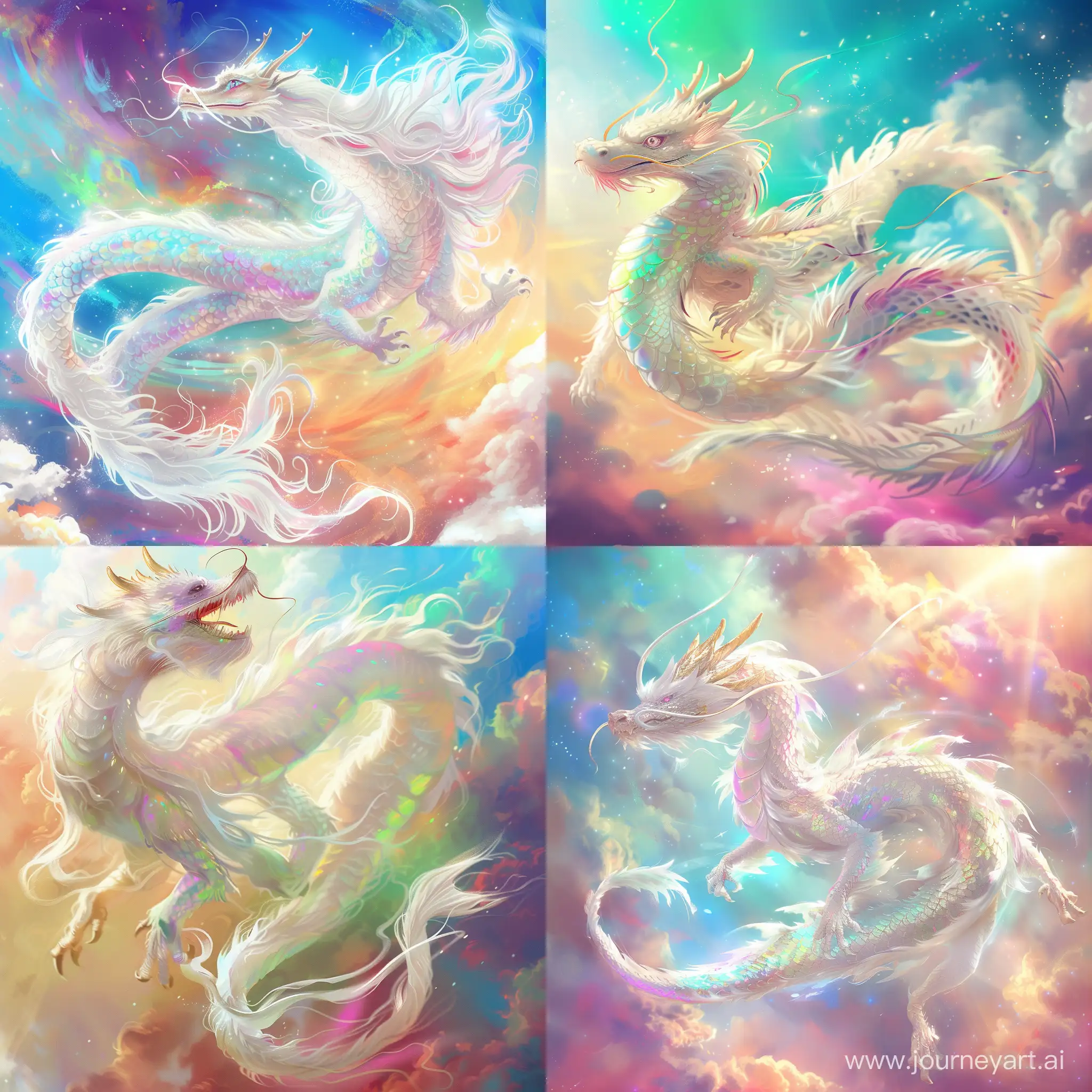 Luscious flowy white kind looking chinese dragon with iridescent hues. Flying in a colorful bright sky, stands out from the background
