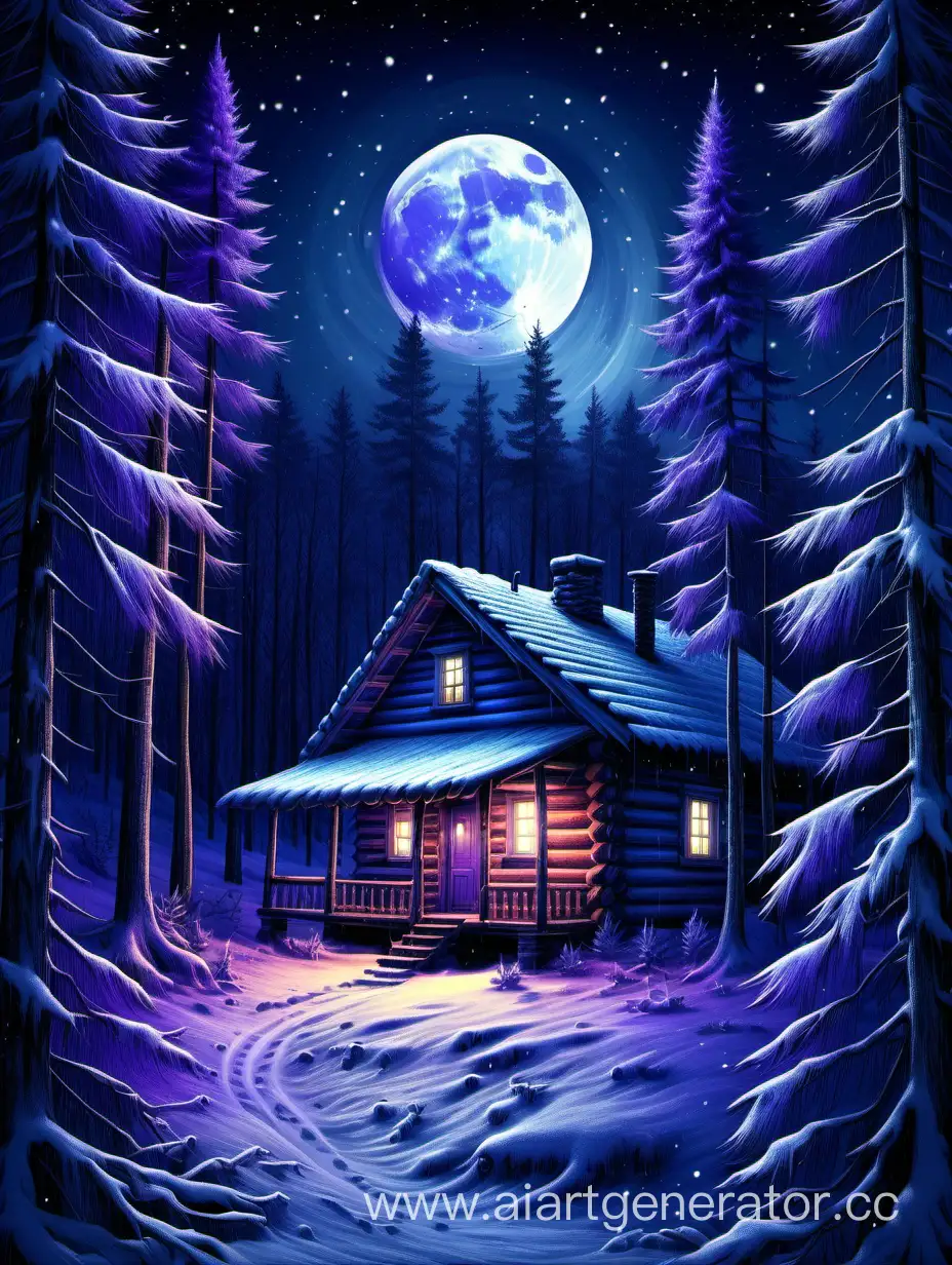 blue violet colors. snowstorm. an old mysterious log cabin in the forest on the edge of a pine forest with a big moon behind it. The cabin looks very pleasant and realistic, but it is still visible that it is drawn. The forest is dark. Light only from the window of the cabin and the moon.