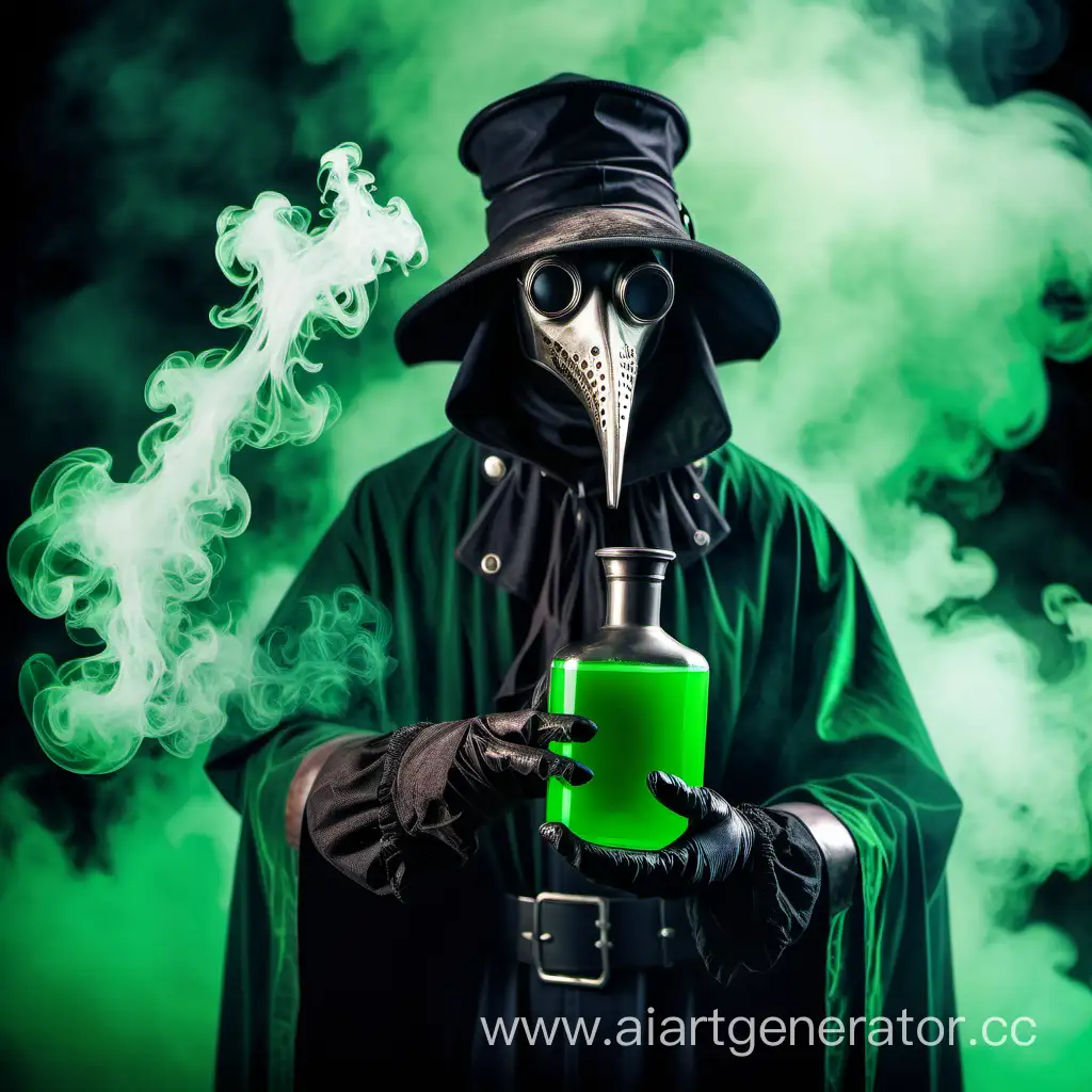plague doctor, holding a flask of green liquid, against a background of green smoke