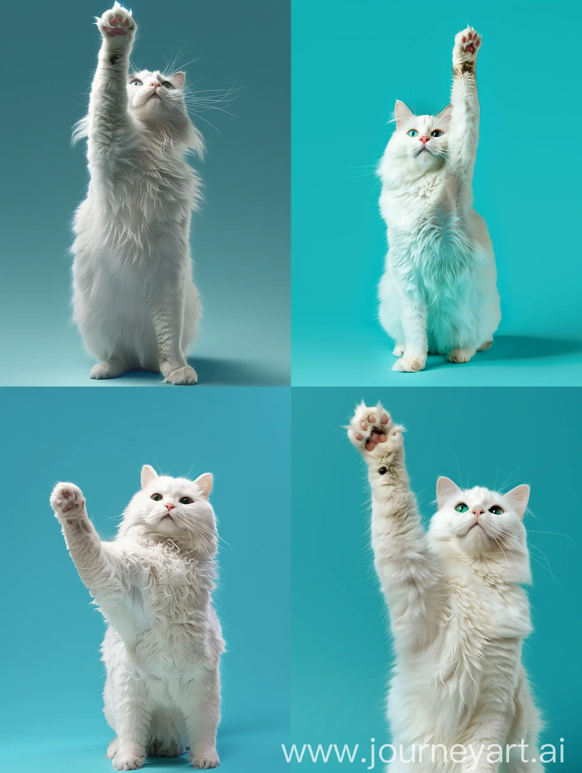 White fat cat standing raising her right hand thick hair, looking up, digital, blue background cyan earth