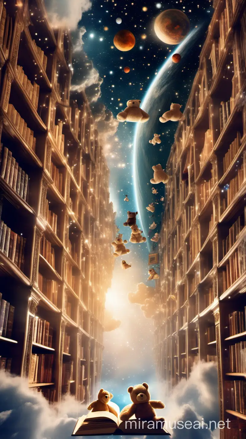 Create a whimsical dreamlike scene of a celestial library within the clouds, where towering bookshelves stretch endlessly into the heavens, filled with volumes of knowledge from across time and space, with teddy bears