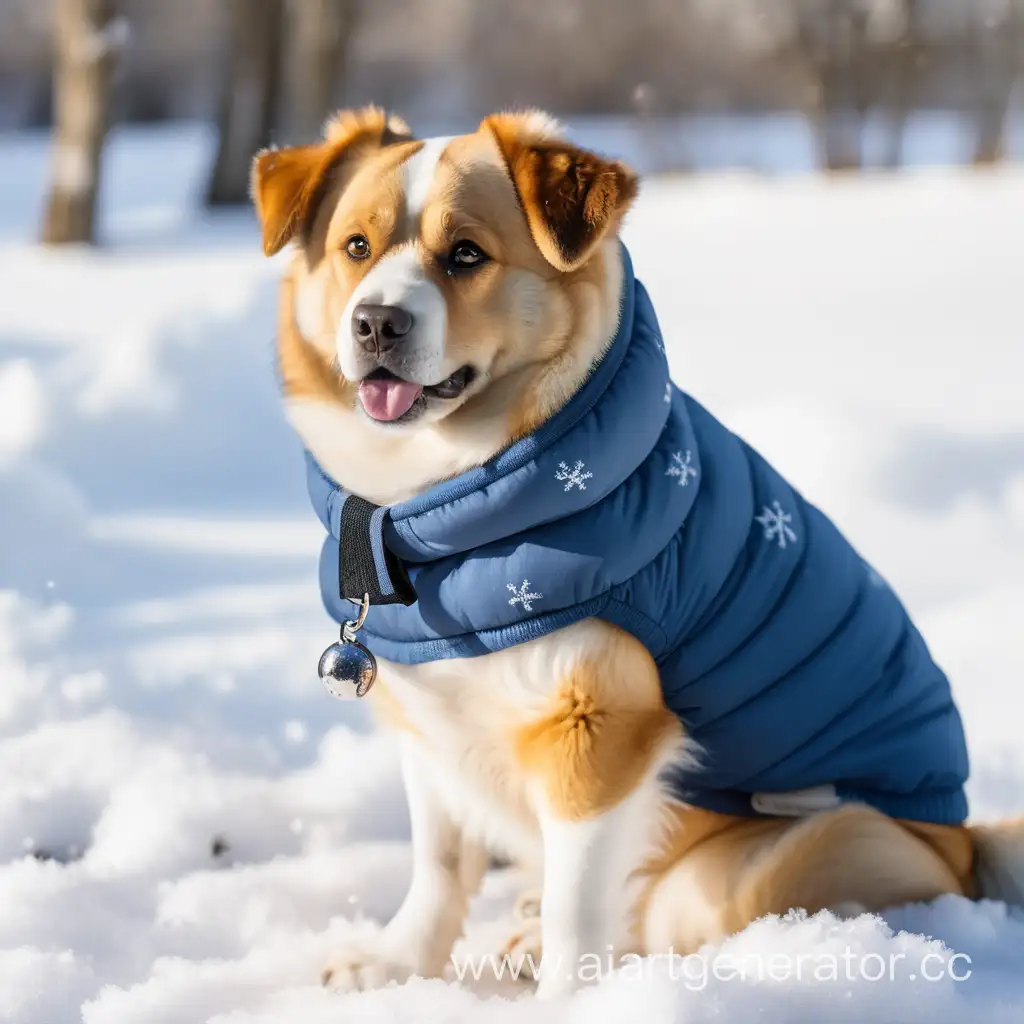 собака сидит на улице зимой в одежде веселая