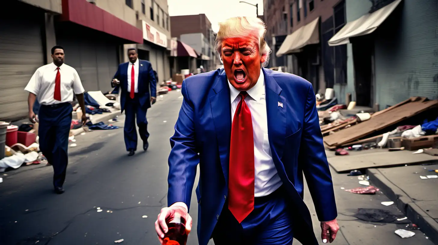 Donald J Trump Stumbles Through Skid Row in Tattered Suit with Wine Bottle