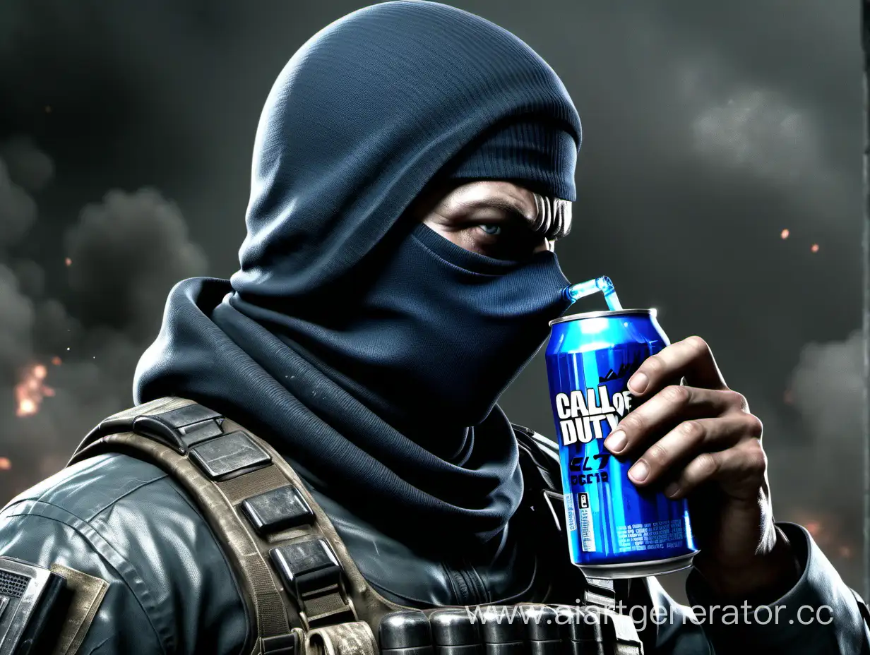 call of duty agent with balaclava drinking blue soda can and getting stronger
