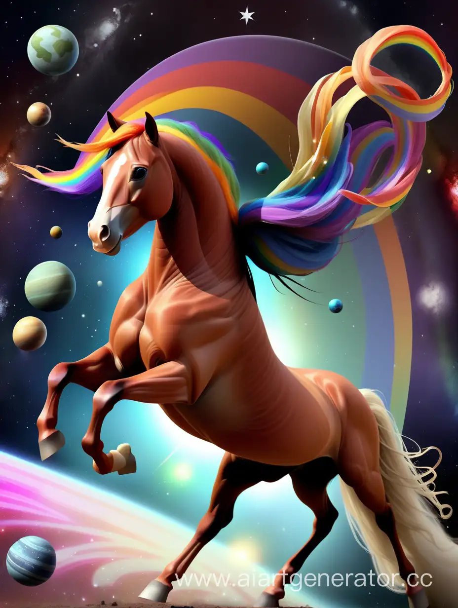 лошадь, которая летит по космосу. Лошадь имеет радужную гриву и хвост. Вокруг лошади летают звезды и планеты.