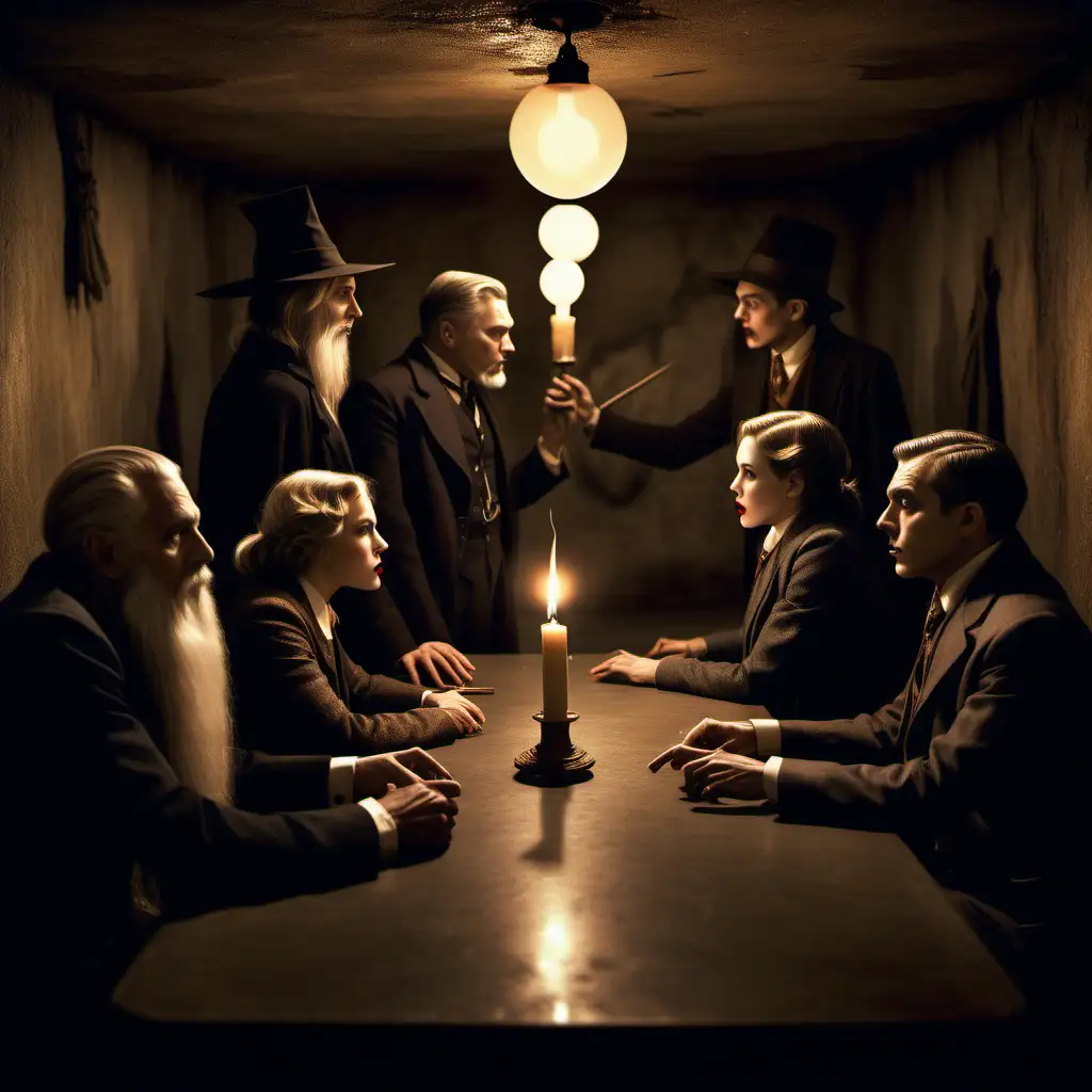 Secretive 1920s Wizard and Witch Meeting in Candlelit Underground Room