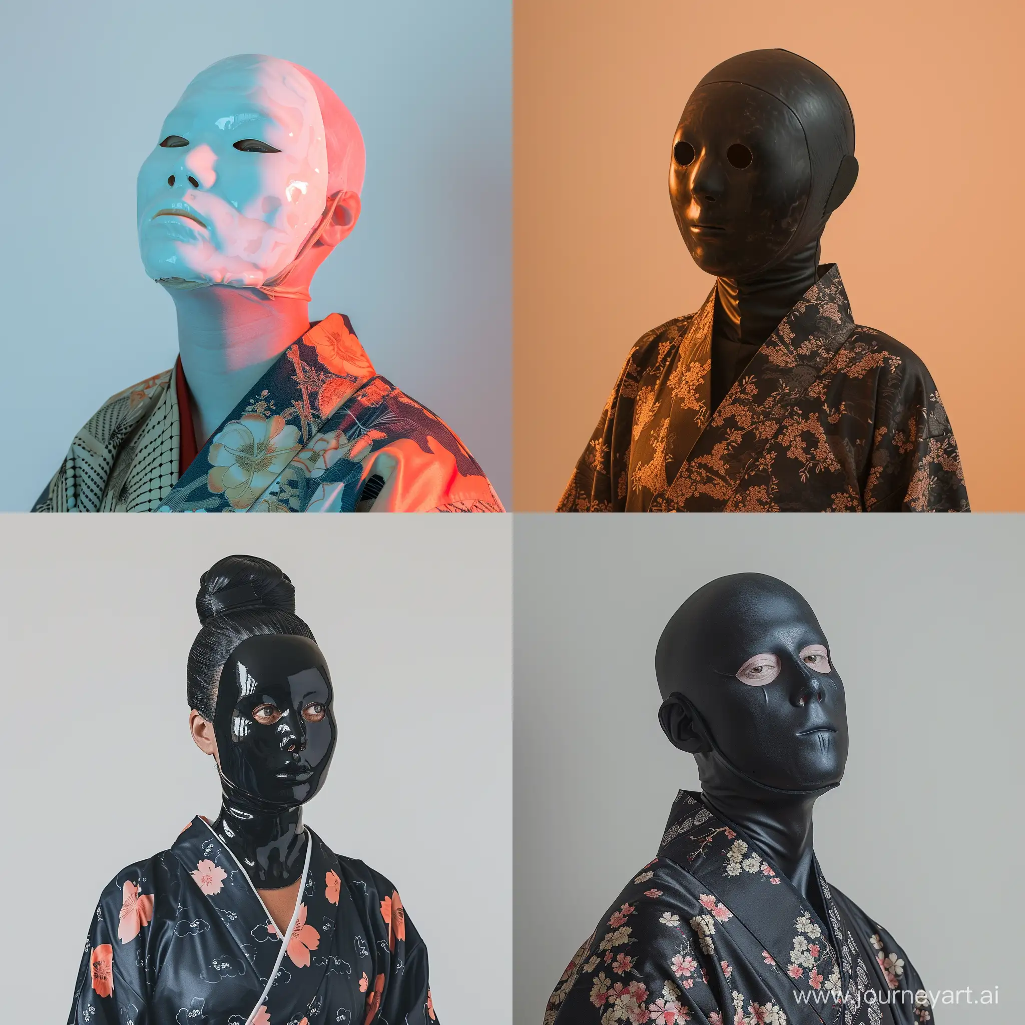 Person in a latex mask full face and kimono studio light realistic photo minimalistic style flat smooth background