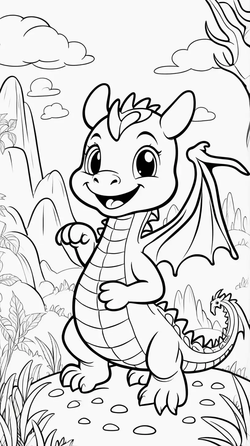 Adorable Smiling Baby Dragon in Enchanting Wonderland Coloring Page