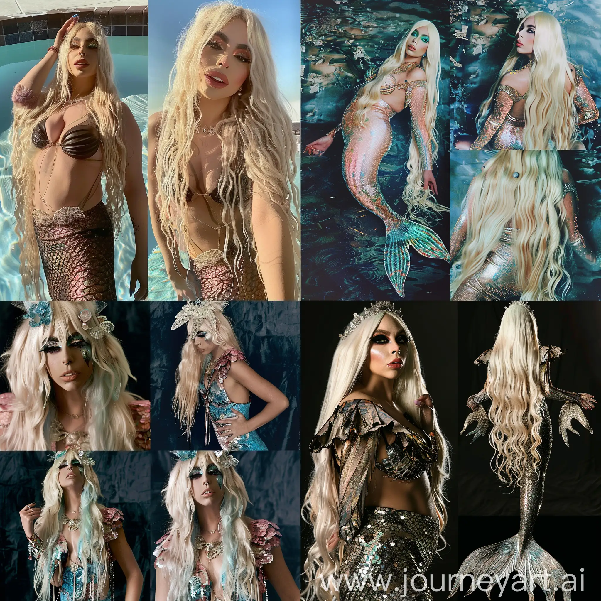 Lady Gaga as a magic mermaid, long blond hair, set of 4 photos