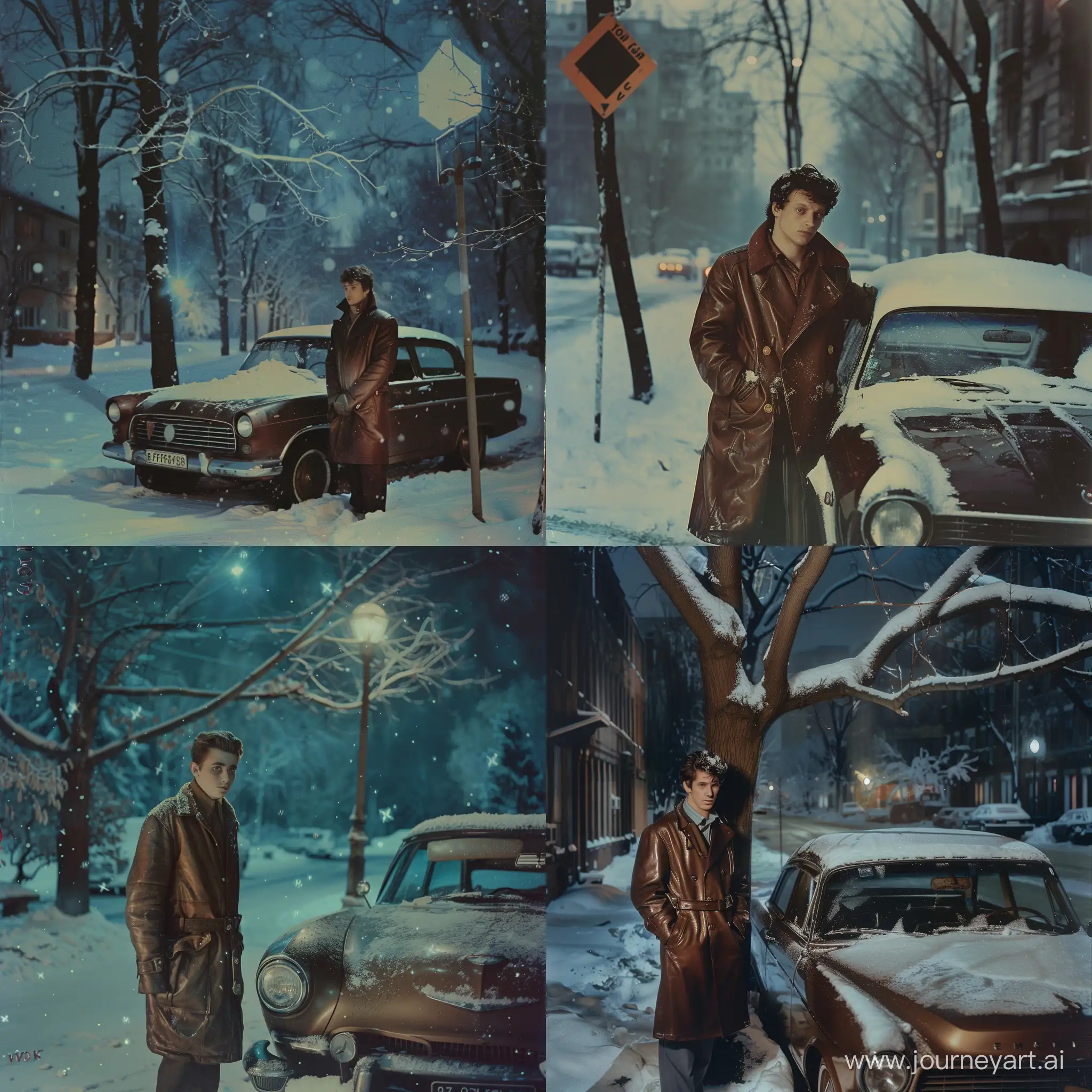 a man standing next to a parked car in the snow, an album cover, tonalism, wearing a brown leather coat, perfectly lit. movie still, ffffound, volodymyr zelenskyy, young simon baker, wide open city ”, kodachrome 8 k, star