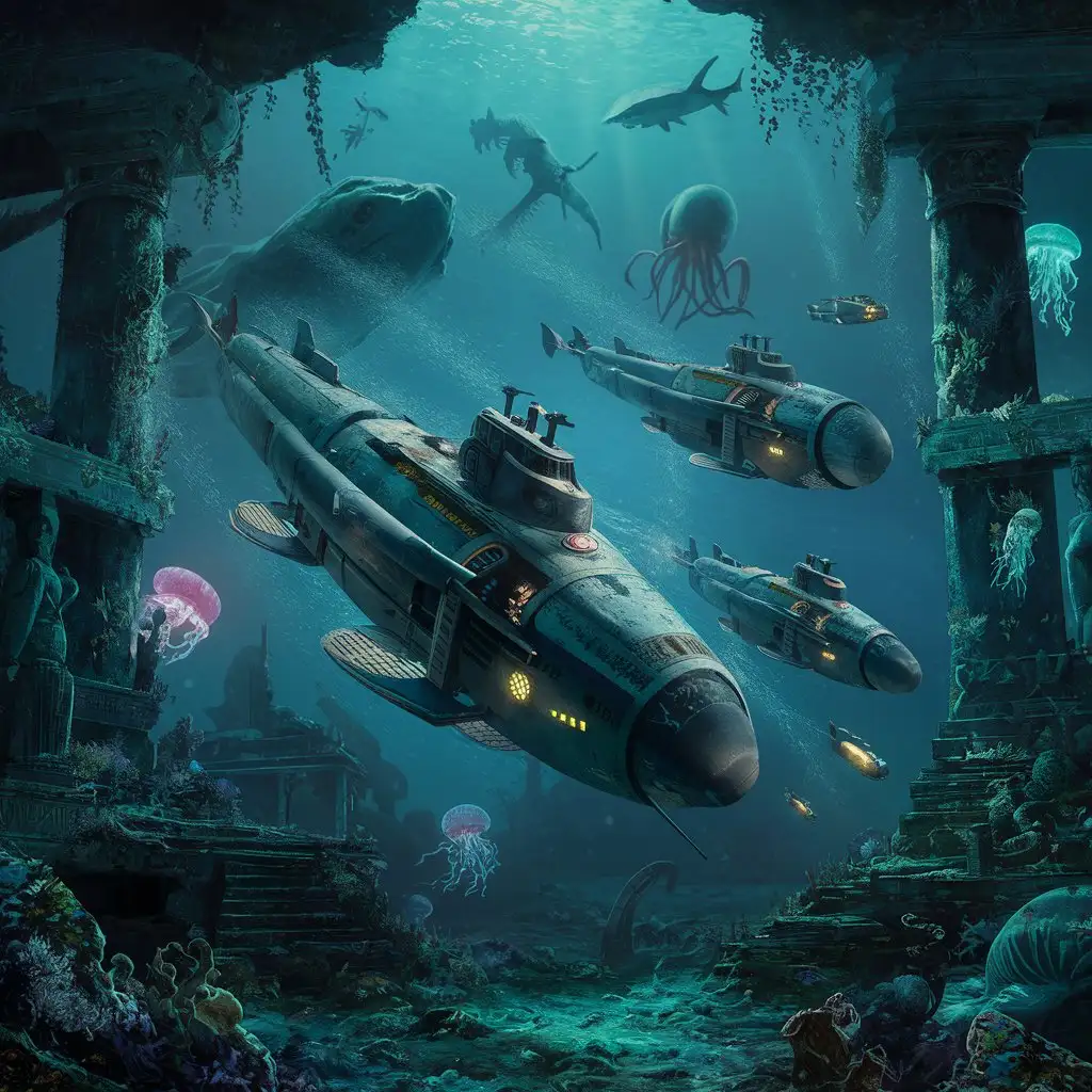 Undersea exploration with submarines, ancient ruins, and mysterious marine life.