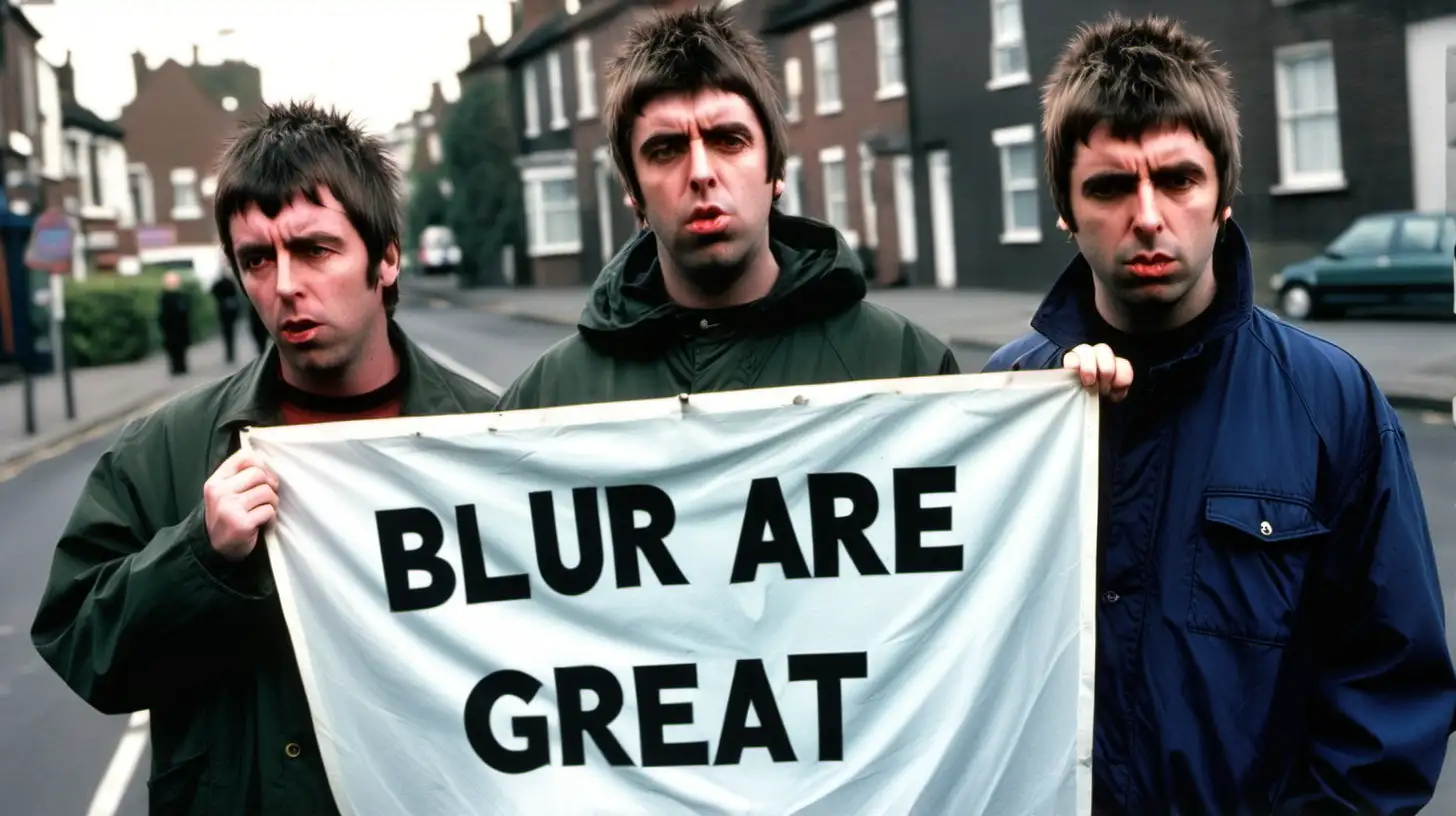 Noel and Liam Gallagher in 1995 Holding Blur Are Great Banner