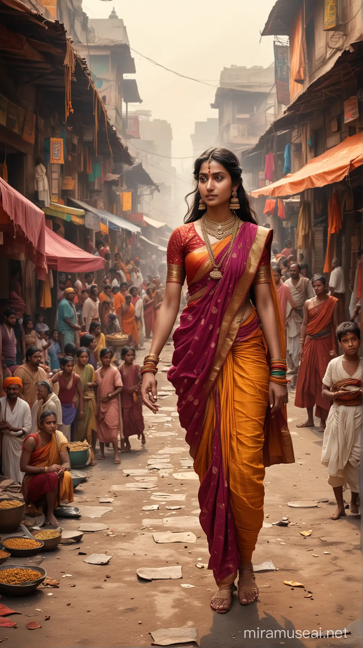 A vibrant depiction of ancient India, with colorful markets and bustling streets, setting the stage for the tale of Lakshmi Bai's courage and defiance. hyper realstic