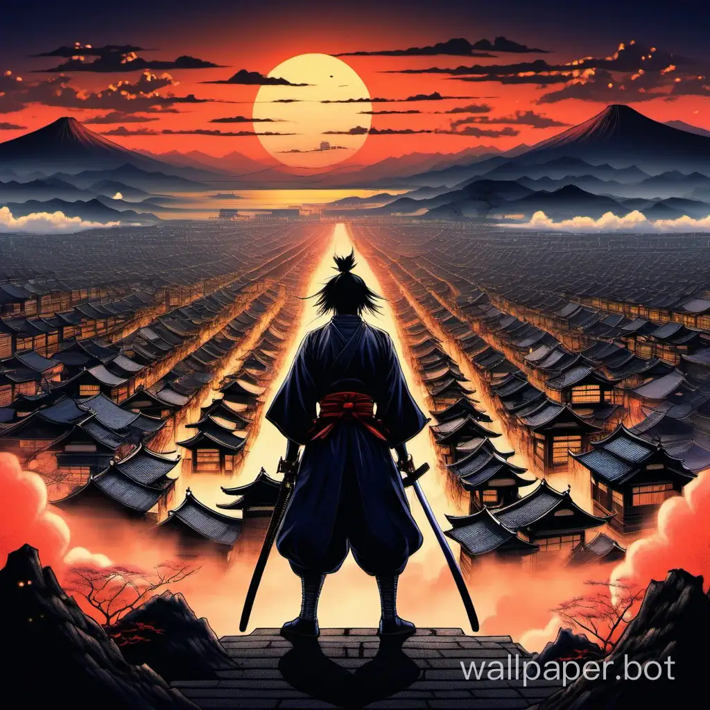 A samurai, facing back with old Japanese town and sunset on the horizon