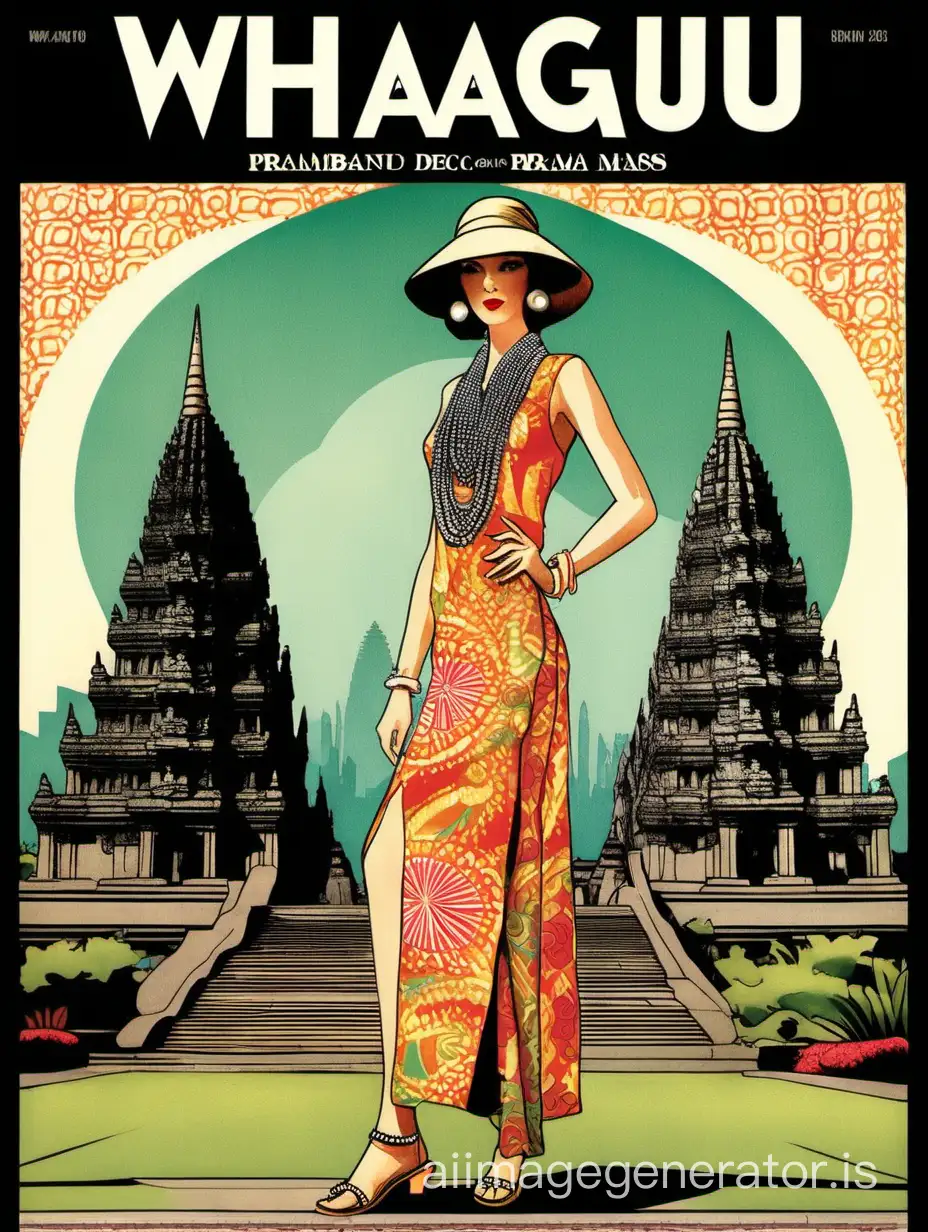 whaguu cover from the late '20s, with an illustration of fashion model wearing an elaborate [batik dress, sandals, pearls at her neck,] standing against the backdrop of [Prambanan temple], vintage aesthetic, in style retro art deco fashion magazine cover, with title "WHAGUU", in vibrant colors, soft lighting.