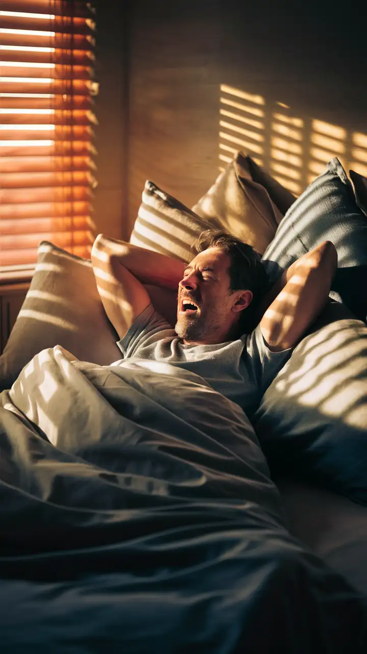 A man waking up in the morning stretching and yawning still in bed light sunny through the blinds room. Showcasing the Morning 