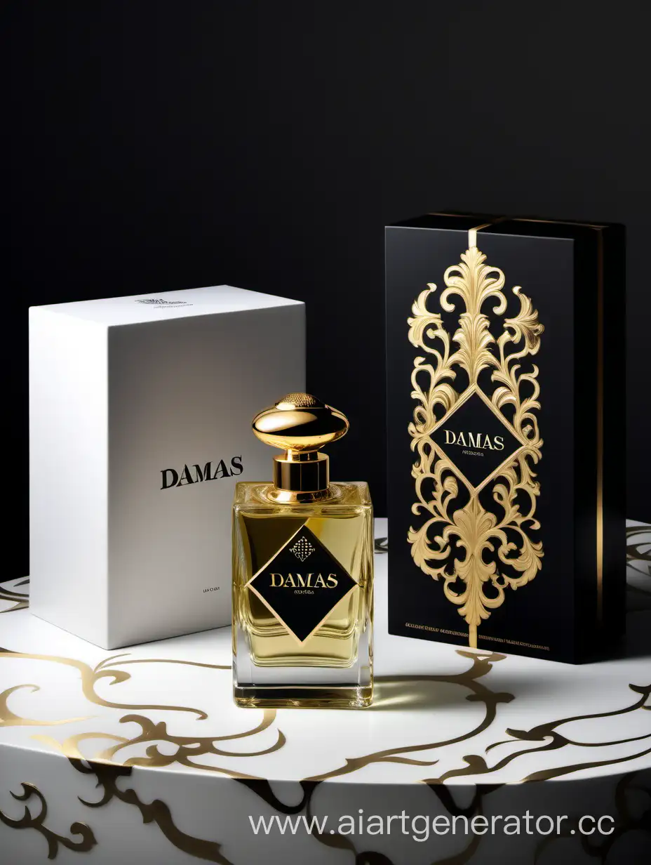 a bottle of damas cologne sitting next to a dark White box,with golden lines a Baroque dynamic luxurious composition, feminine
flemish Baroque