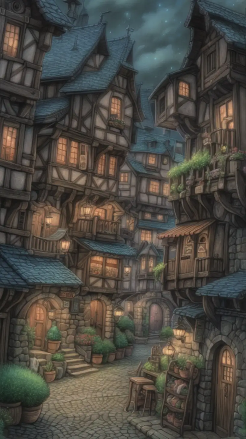 macro, ghibli art style, ugly art, dark fantasy, town center