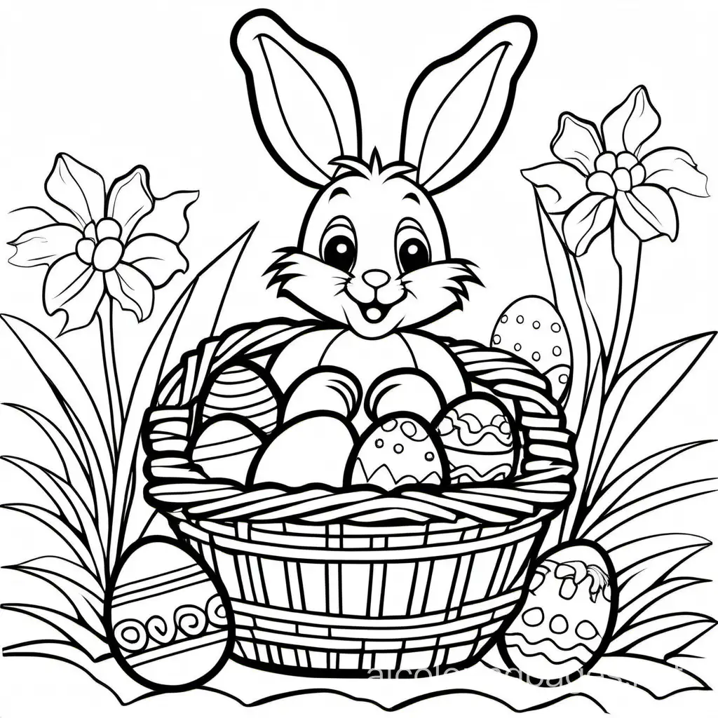 Easter bunny with a basket of eggs, Coloring Page, black and white, line art, white background, Simplicity, Ample White Space. The background of the coloring page is plain white to make it easy for young children to color within the lines. The outlines of all the subjects are easy to distinguish, making it simple for kids to color without too much difficulty