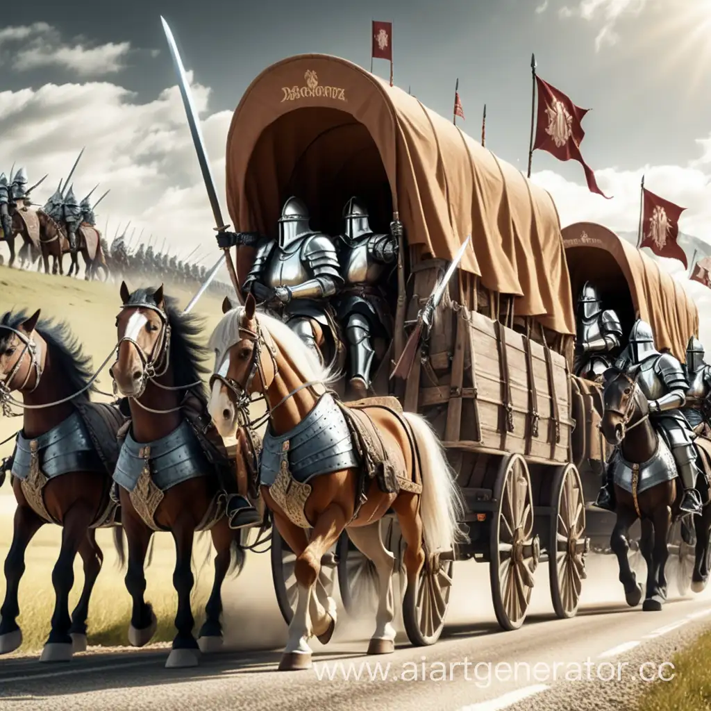 Фэнтези конвой из 6 повозках везущих мечи и провизию и их сопровождаю рыцари  с оружием в руках на конях что-бы это выглядело реалистично

