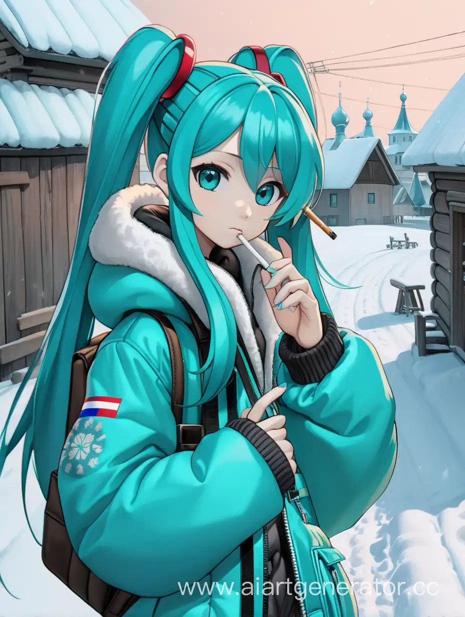 Hatsune-Miku-in-a-Cozy-Russian-Village-Scene-with-a-Padded-Jacket-and-a-Reflective-Mood