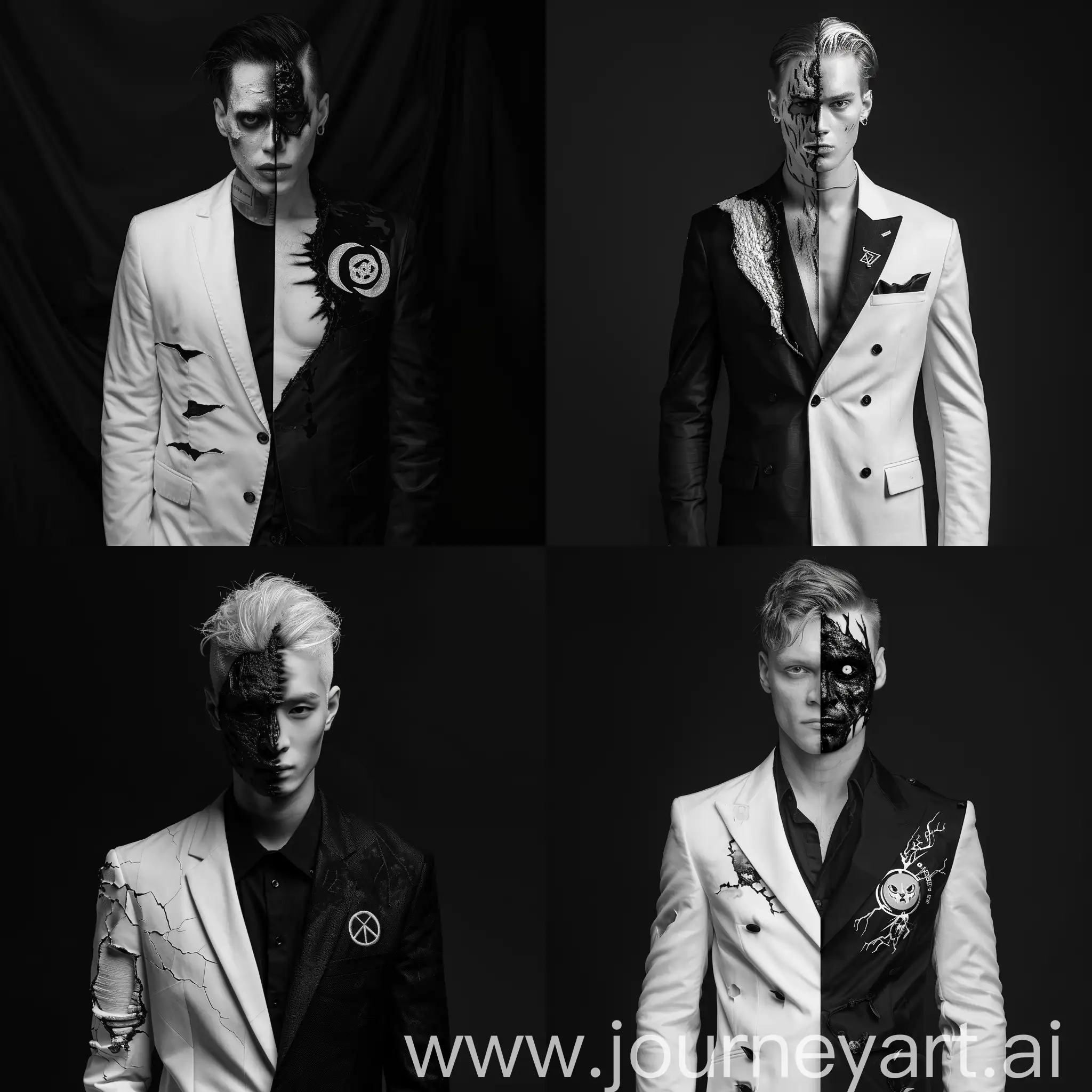 Minimalistic-Portrait-of-TwoFaced-Man-in-Black-and-White-Blazer-on-Dark-Background