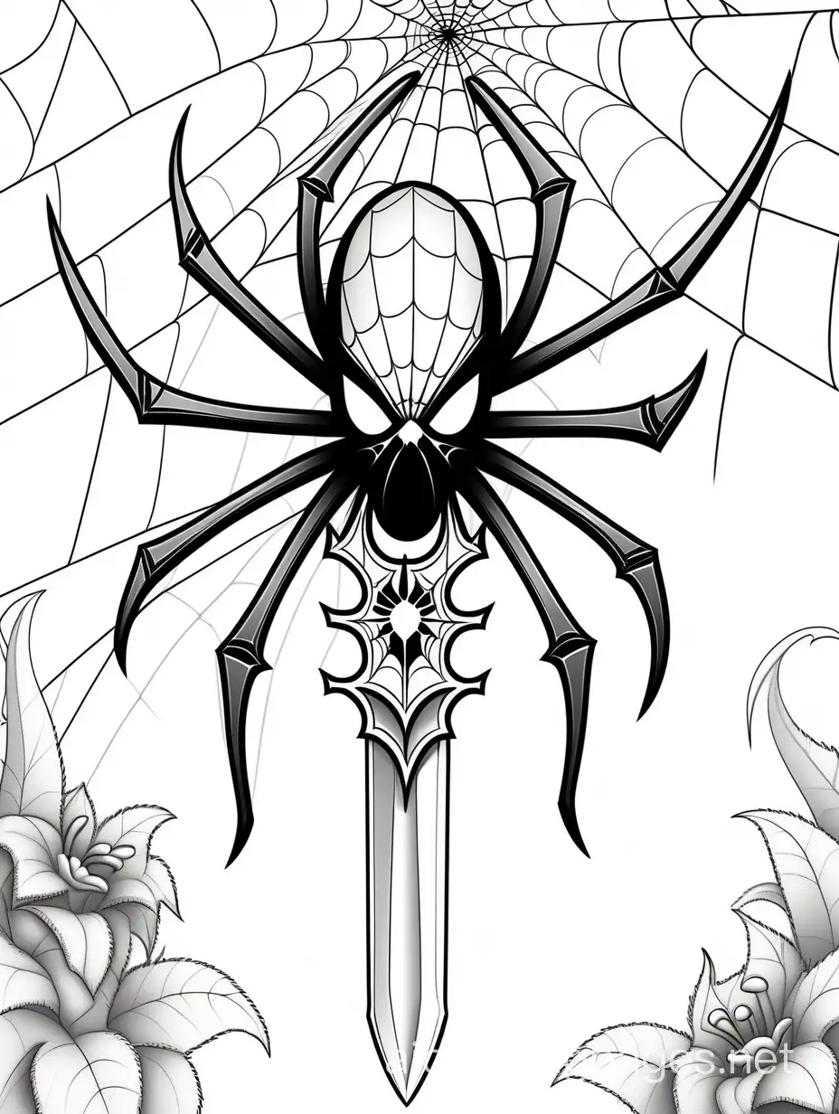 detailed dagger with spider web, no flowers, Coloring Page, black and white, line art, white background, Simplicity, Ample White Space. The background of the coloring page is plain white to make it easy for young children to color within the lines. The outlines of all the subjects are easy to distinguish, making it simple for kids to color without too much difficulty