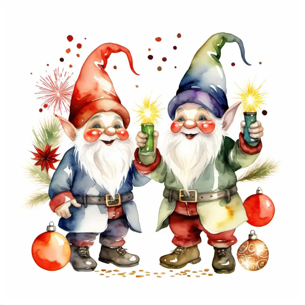 watercolor style, two gnomes celebrating New Year's Day on a white background.