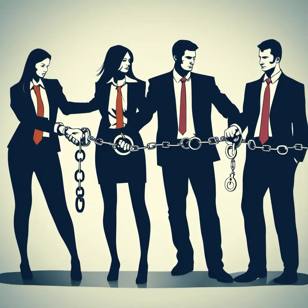 Corporate Professionals Tied with Handcuffs in Office Setting