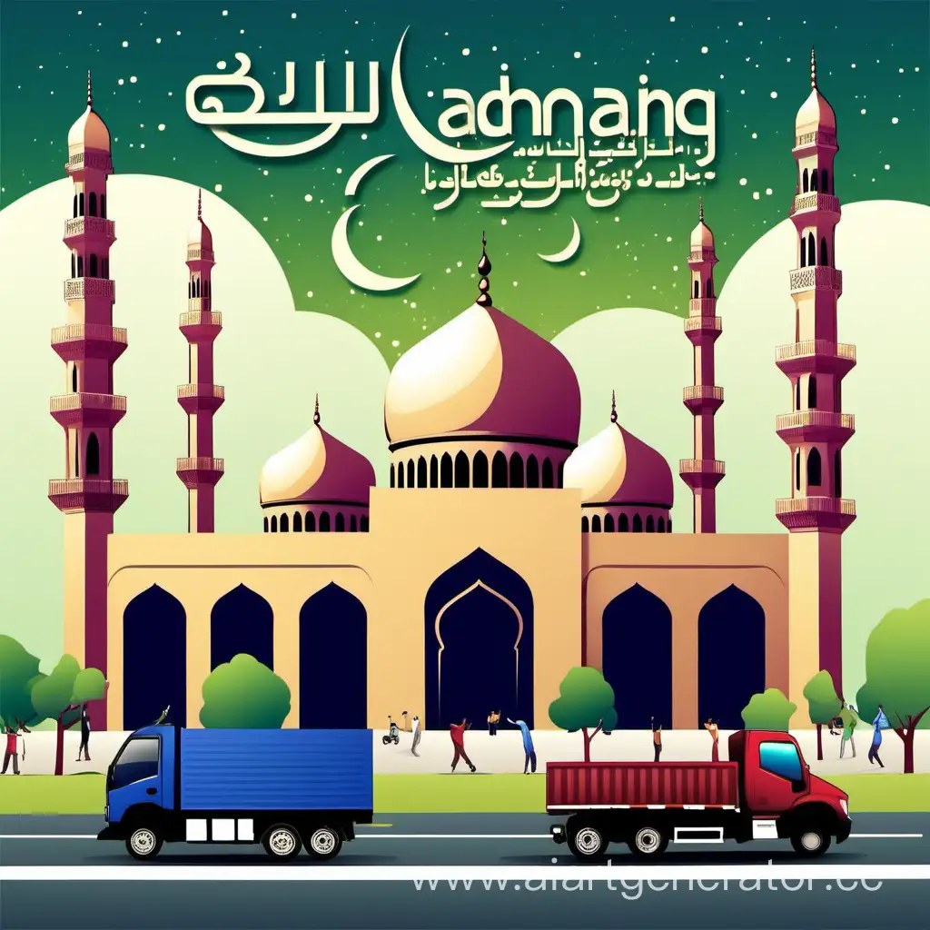 Ramadan-Celebration-Amidst-Logistics-Trucks-Passing-by-a-Joyful-Mosque