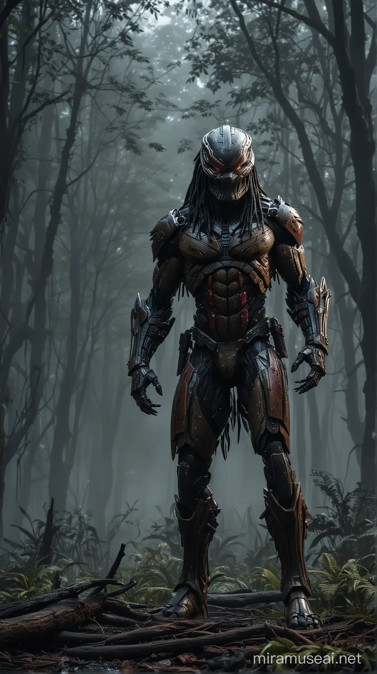 Close up,the predator ,in a misty dark wood,darkness Electronic, Photo realistic,dark apocalypses cityscape backdrop, cinematic, HDR.