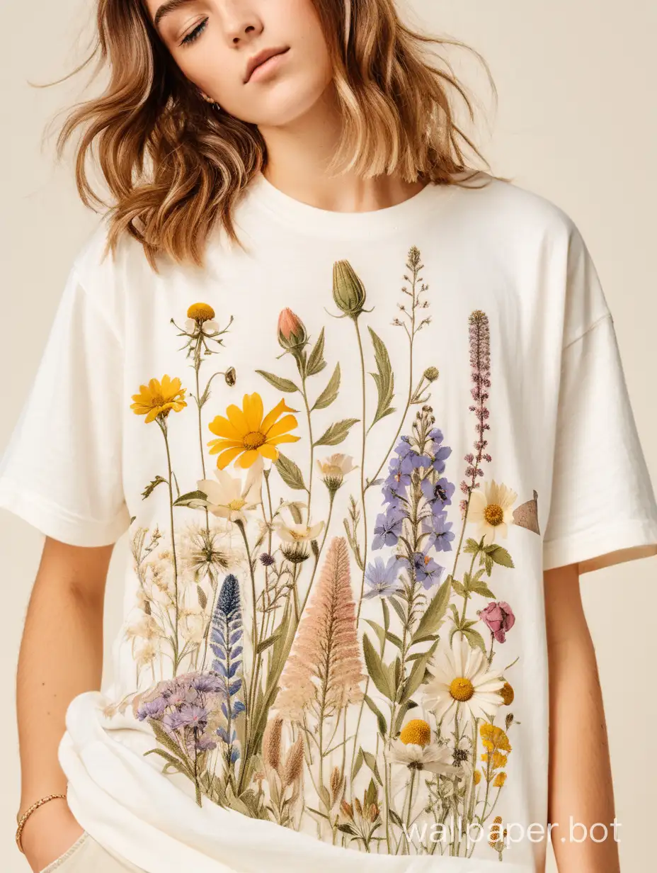 Pressed Flowers Tshirt, Boho Wildflowers Cottagecore Shirt, Oversized Vintage Botanical Tee, Pastel Floral Nature Shirt, Garden Lover Shirt