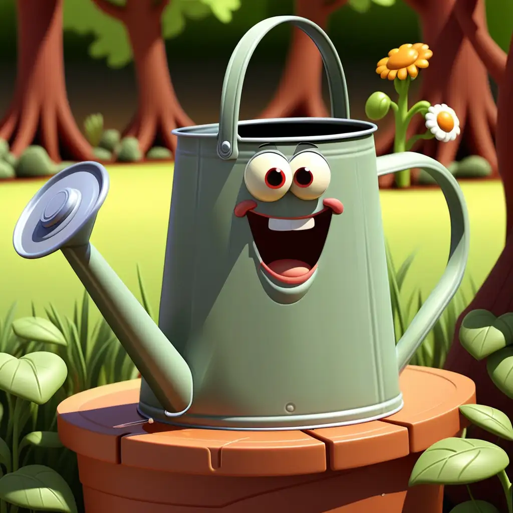 Cheerful Cartoon Watering Can with Vibrant Blooms