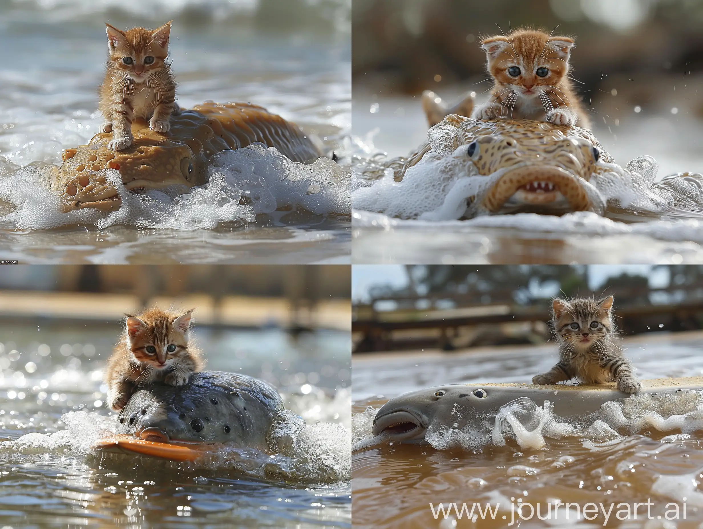 a kitten having fun riding a large wobbegong fish like a surfboard on waves --style raw --ar 4:3 --s 750 --v 6.0