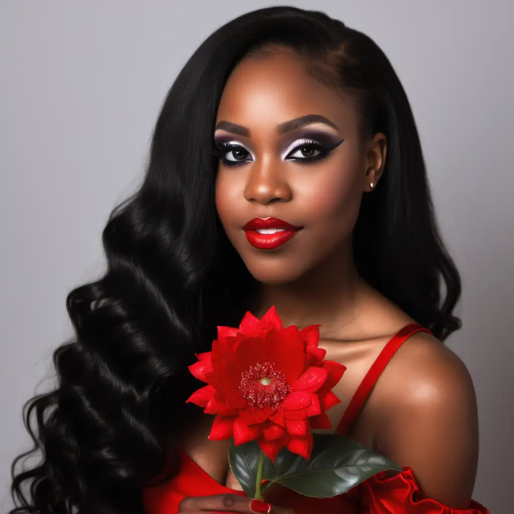 beautiful black girl will long black hair taking valentines pics with red  holding red flower with pretty makeup