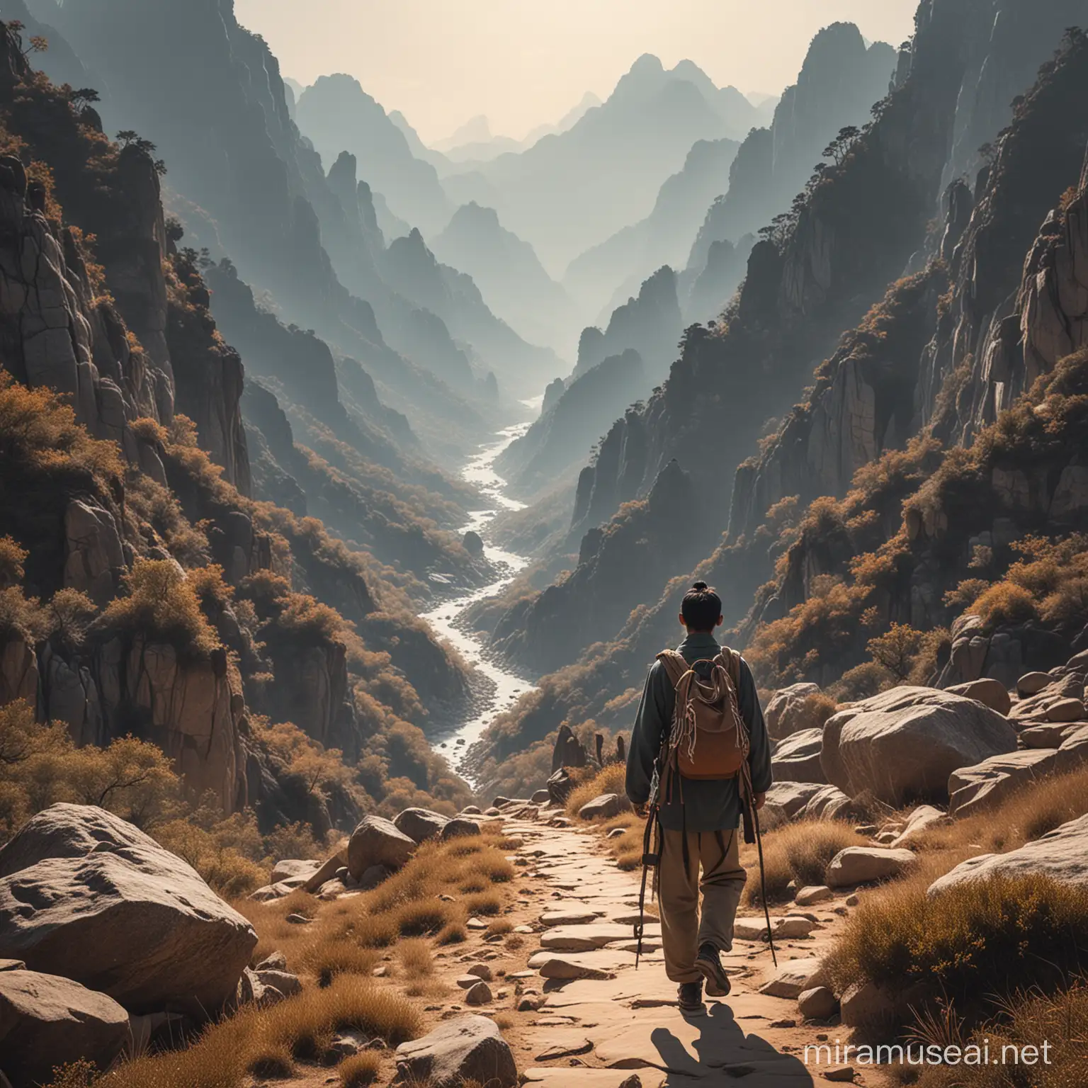 Young man,  ancient Chinese,hikes alone through the rugged mountains,  arduous journey.
