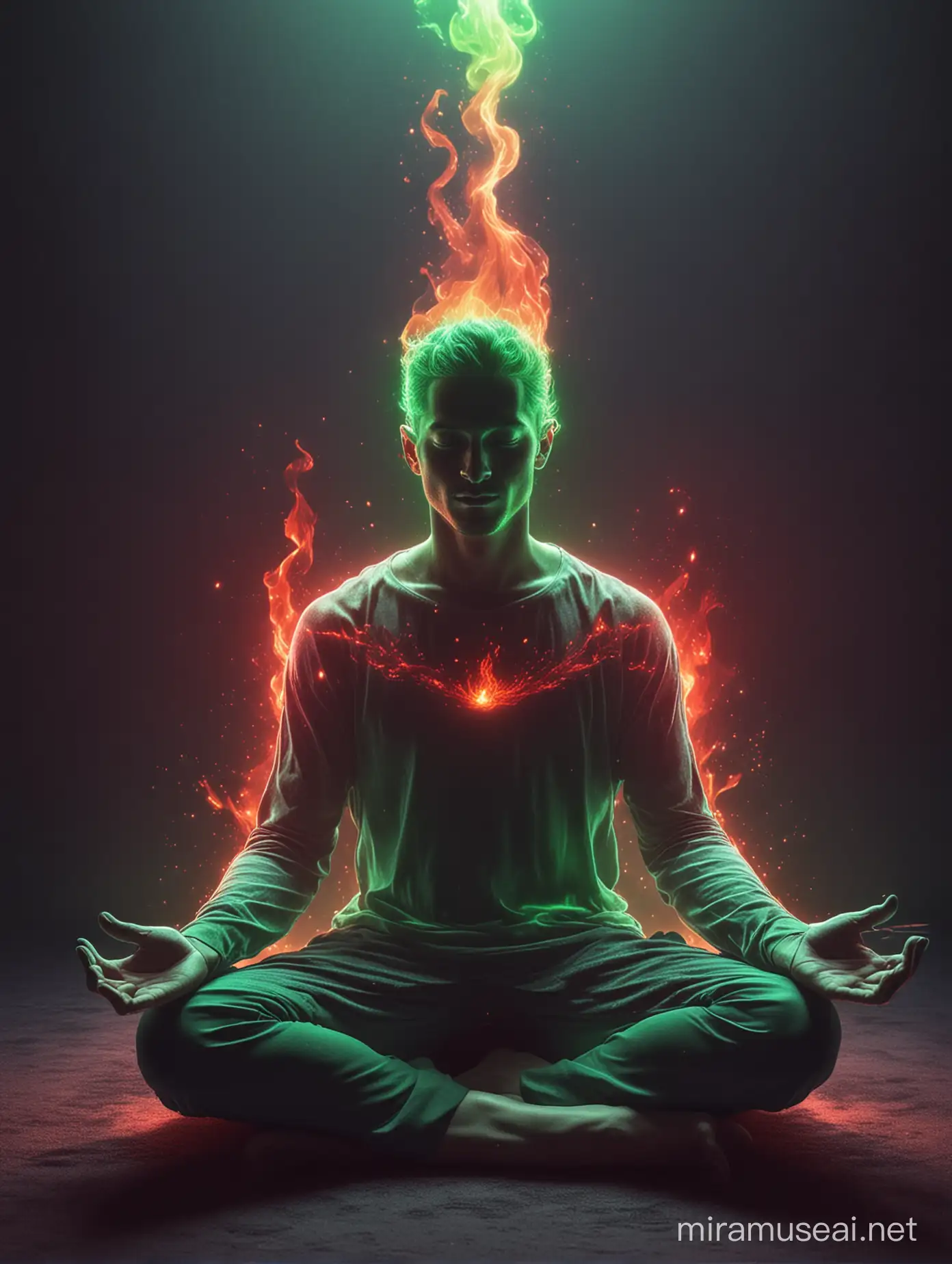 HOLOGRAPHIC transparent glowing man sitting down meditating, green fire on left hand, red fire on right hand, hd, 4k, vibrant gradient, deep color, glow