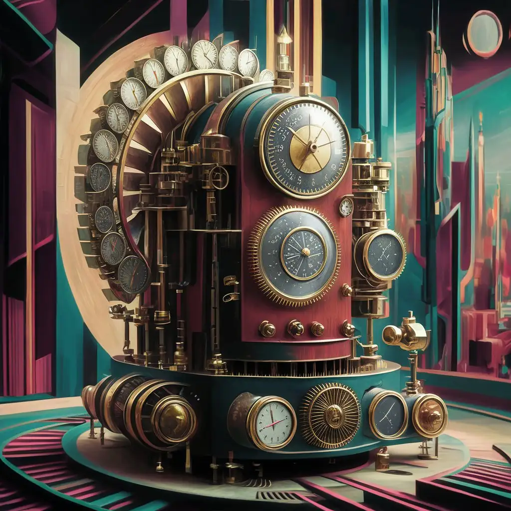 Steampunk Analytical Machine Artwork with 1930s Futurism Influence