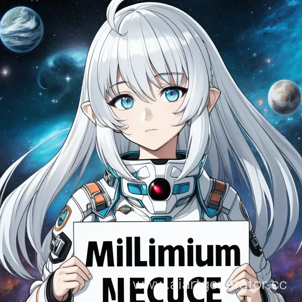 Красивая Аниме девушка с белыми волосами и космическими глазами на фоне космоса держит в руках табличку с надписью "Millennium"
