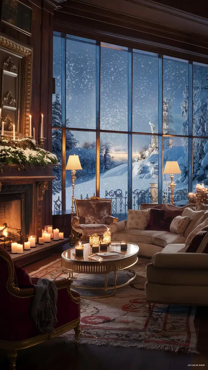 abundance, rich room, candles are burning in the fireplace, fire in the fireplace. Large floor-to-ceiling windows through them you can see how it’s snowing outside