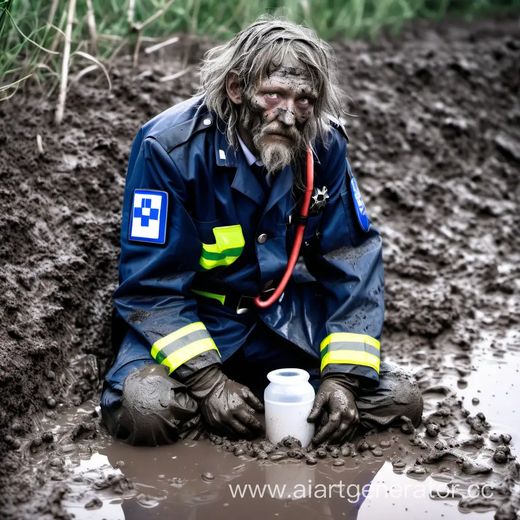 бездомный в грязи в костюме фельдшера скорой помощи